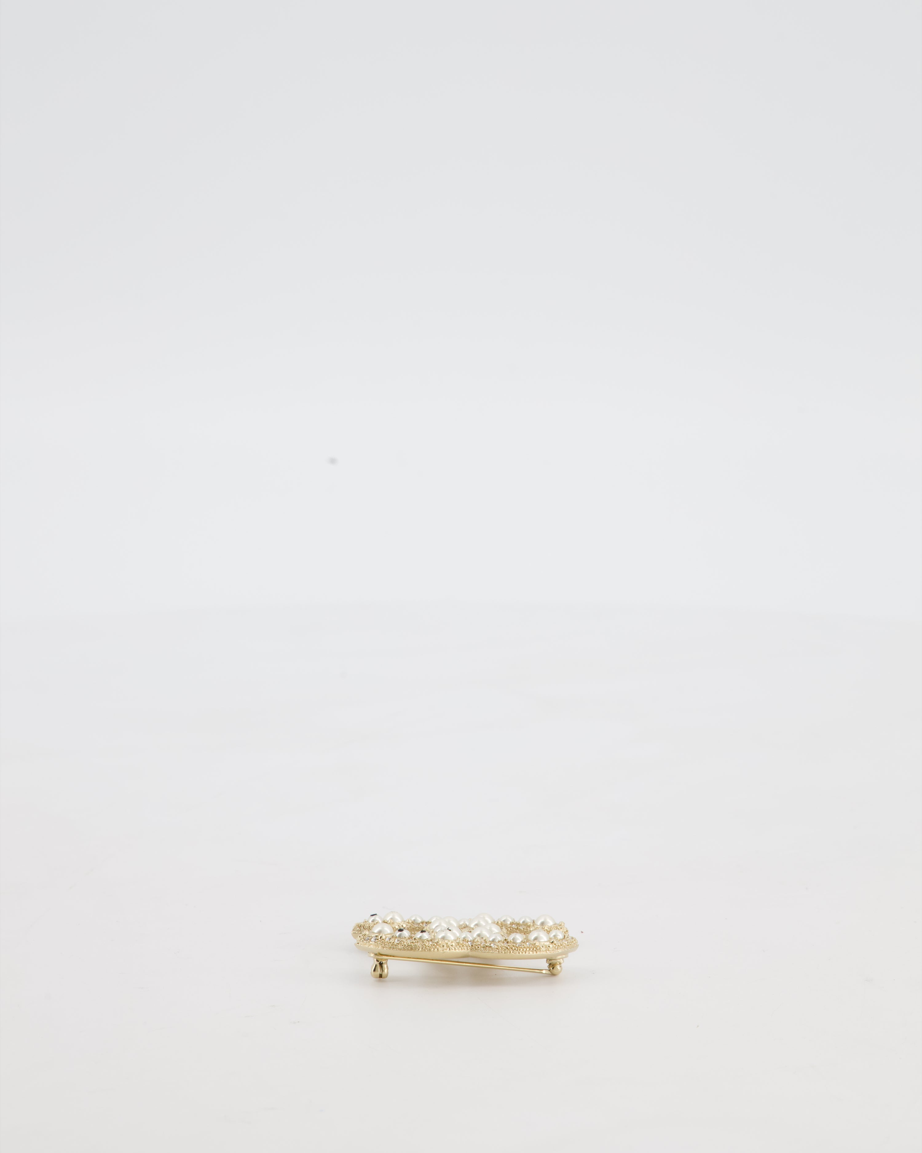 Chanel Champagne Gold CC Brooch with Embellished Pearls Detail
