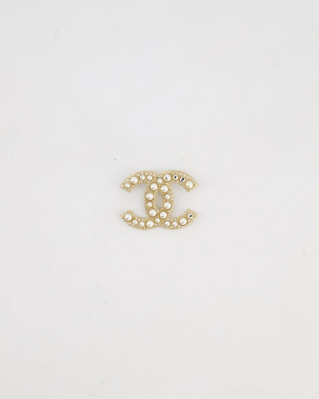 Chanel Champagne Gold CC Brooch with Embellished Pearls Detail