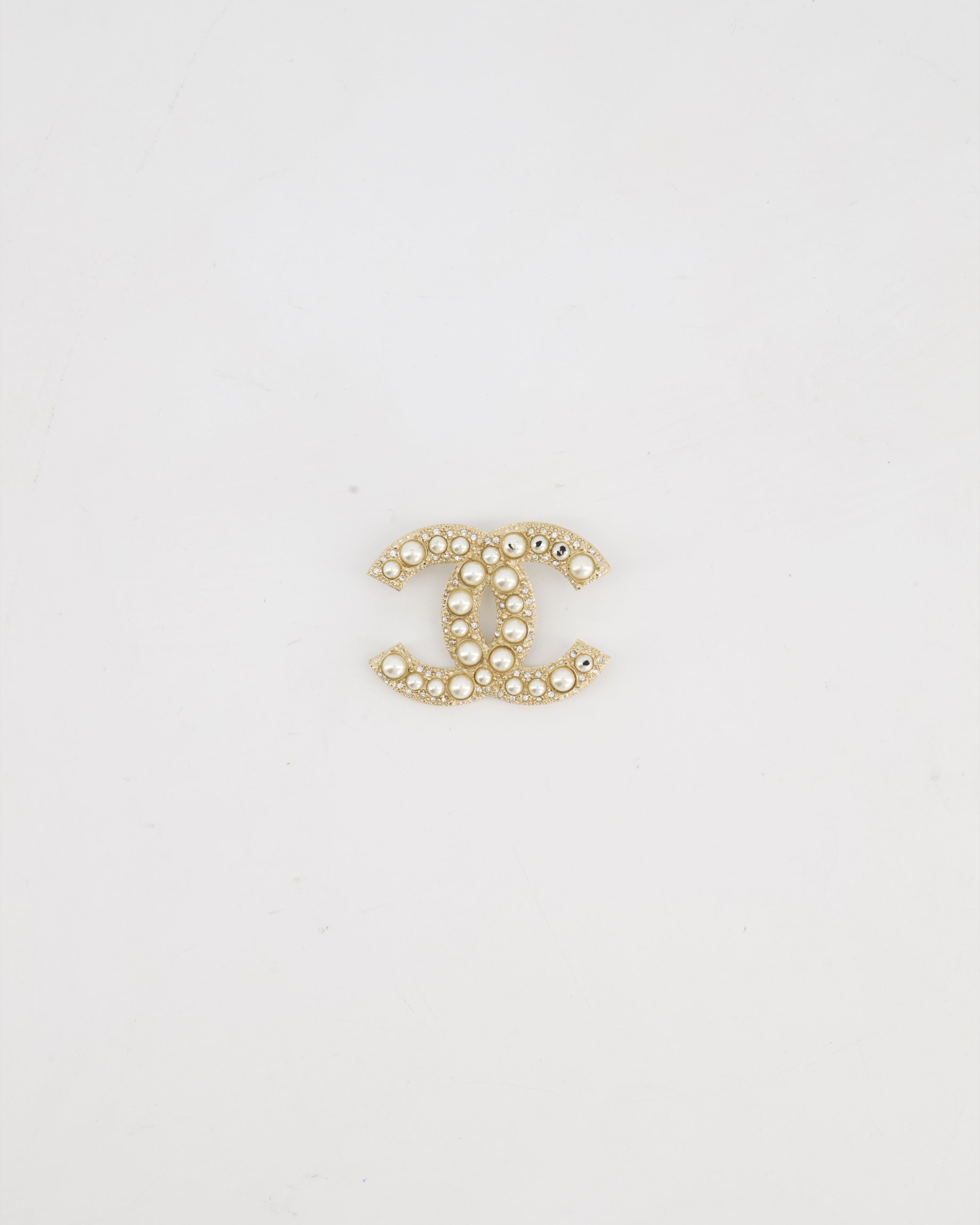 Chanel Champagne Gold CC Brooch with Embellished Pearls Detail