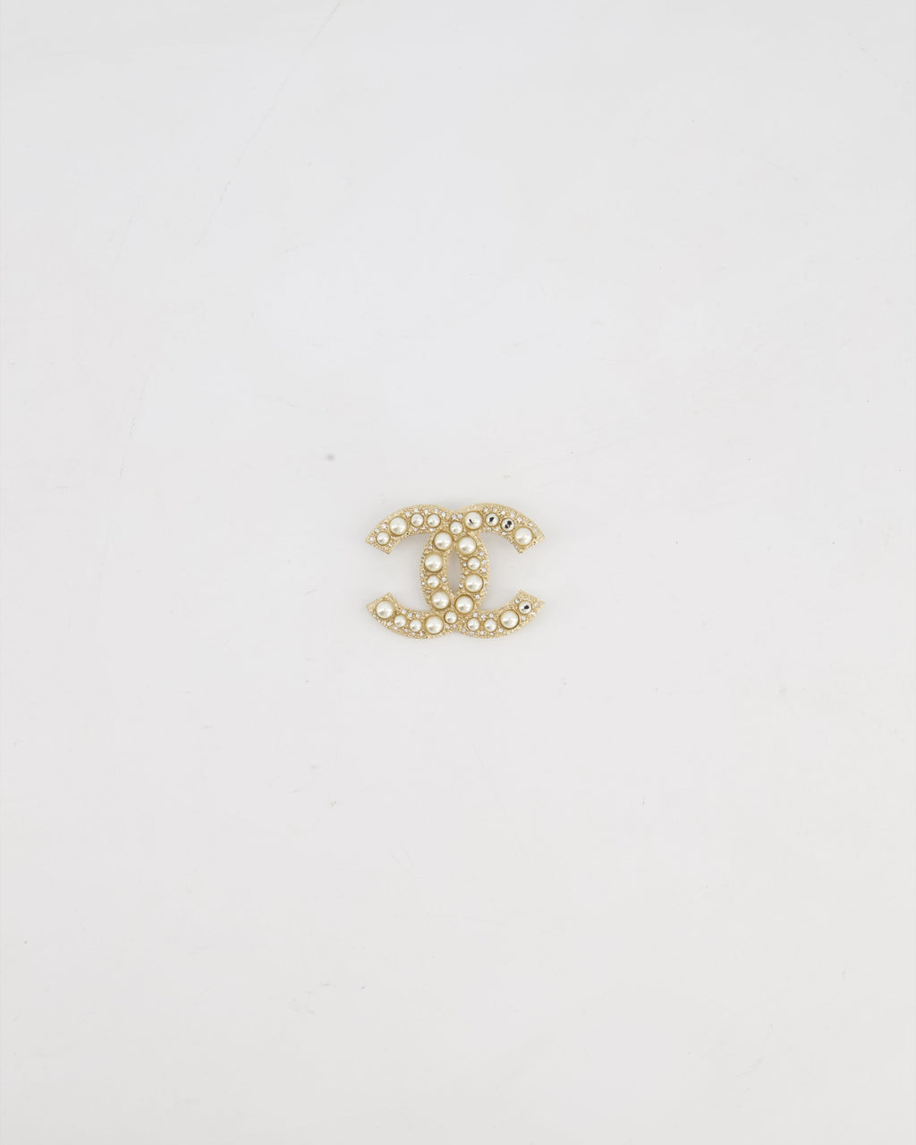 Chanel Champagne Gold CC Brooch with Embellished Pearls Detail