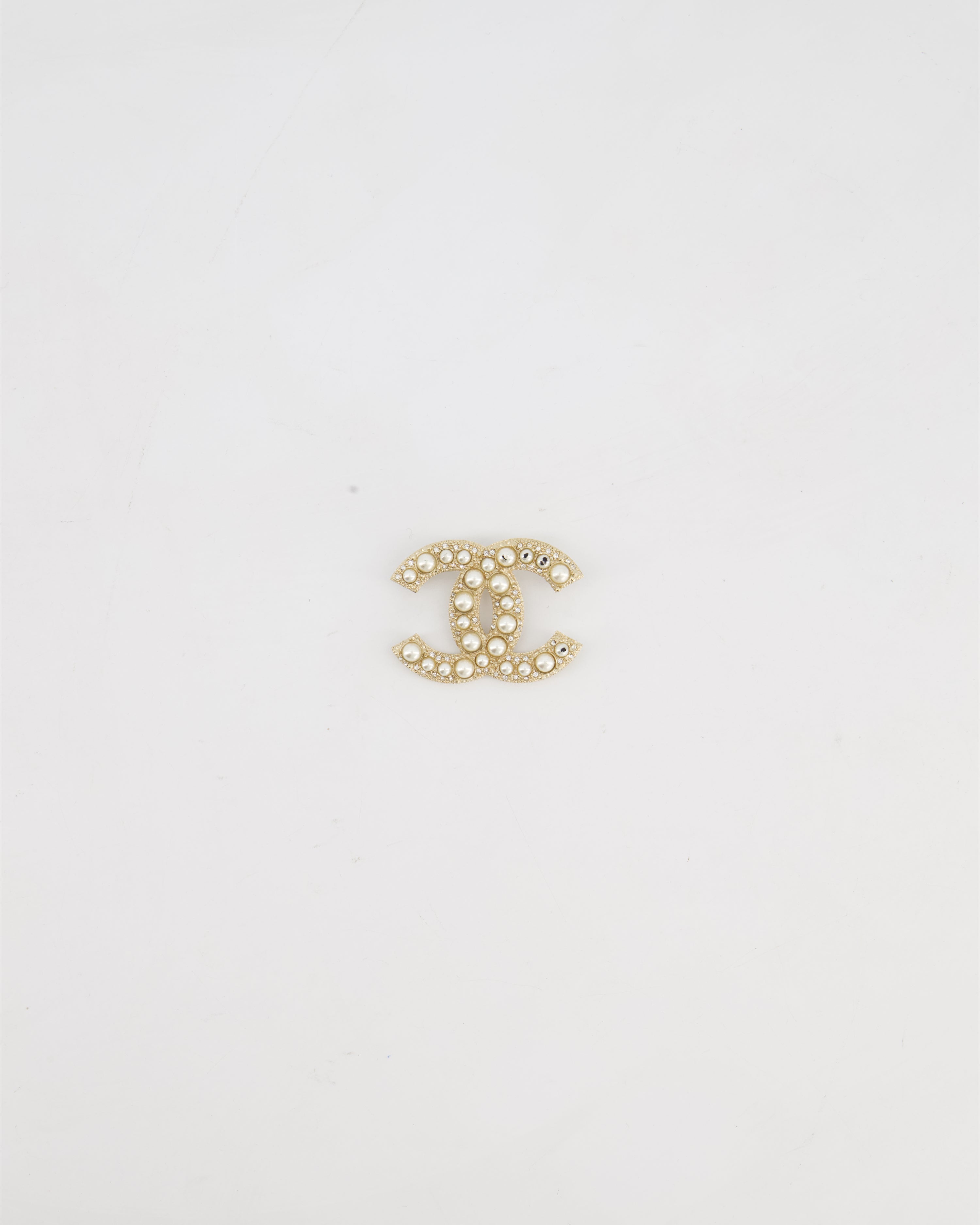 Chanel Champagne Gold CC Brooch with Embellished Pearls Detail