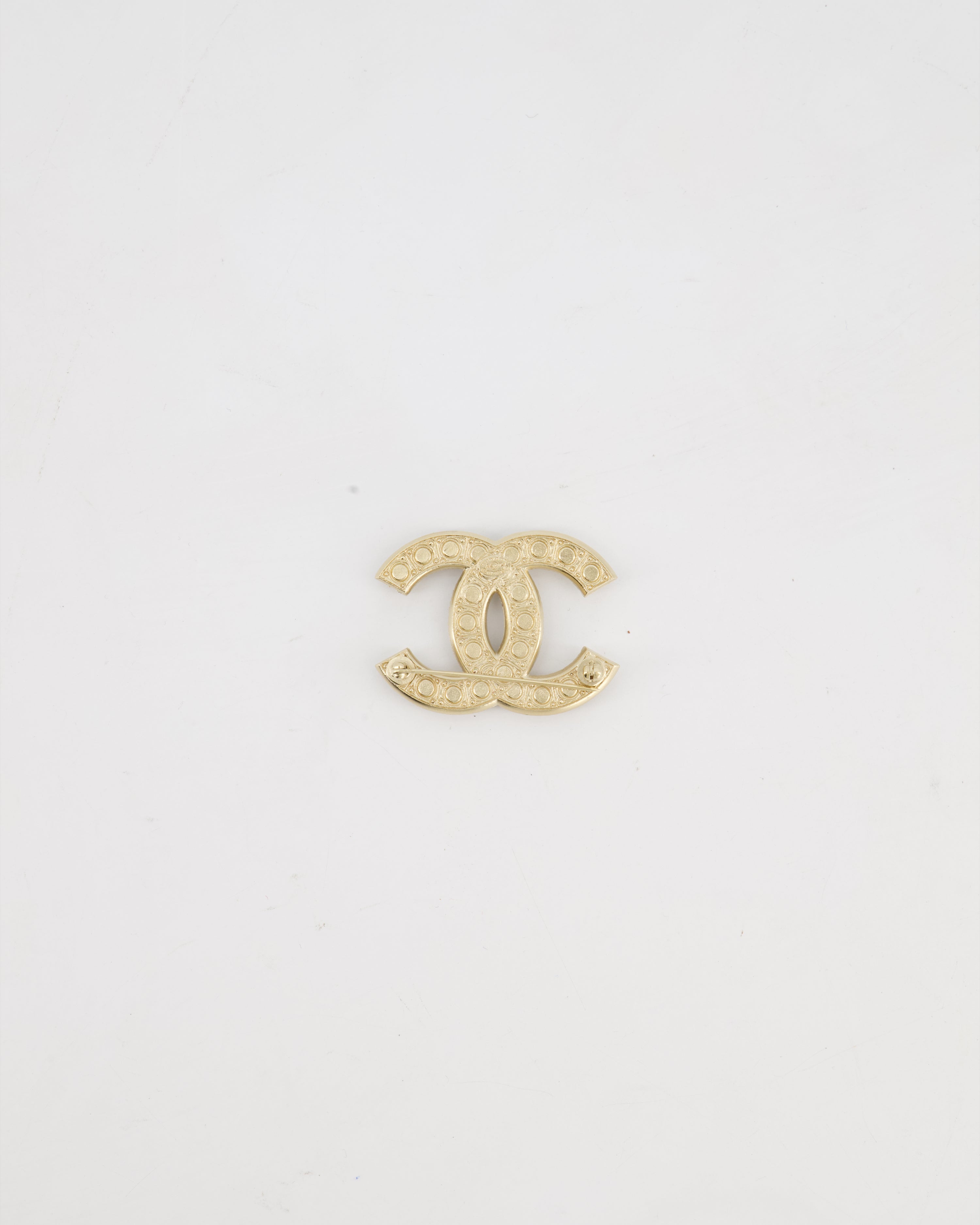 Chanel Champagne Gold CC Brooch with Embellished Pearls Detail