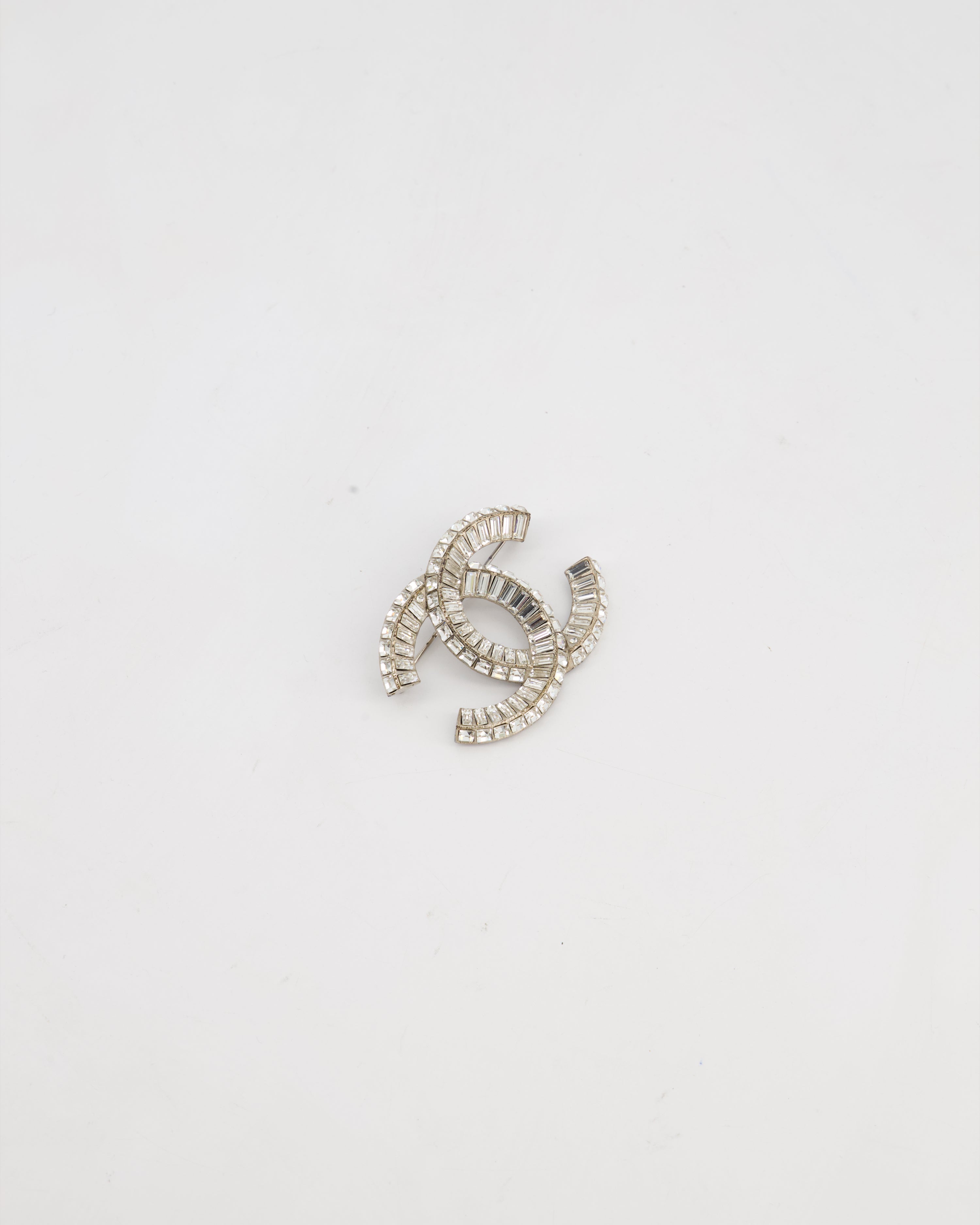 Chanel Silver Crystal Embellished CC Brooch