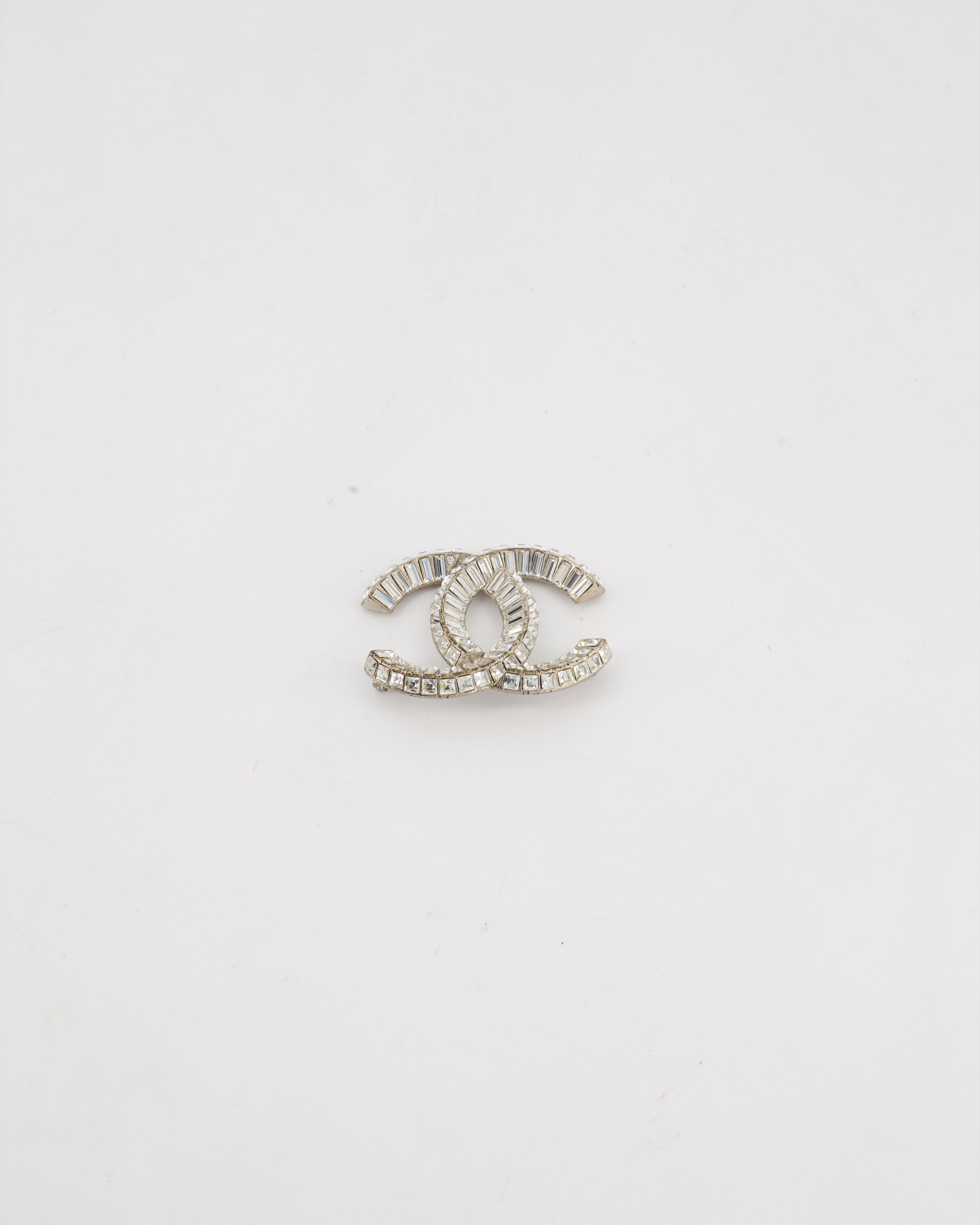 Chanel Silver Crystal Embellished CC Brooch