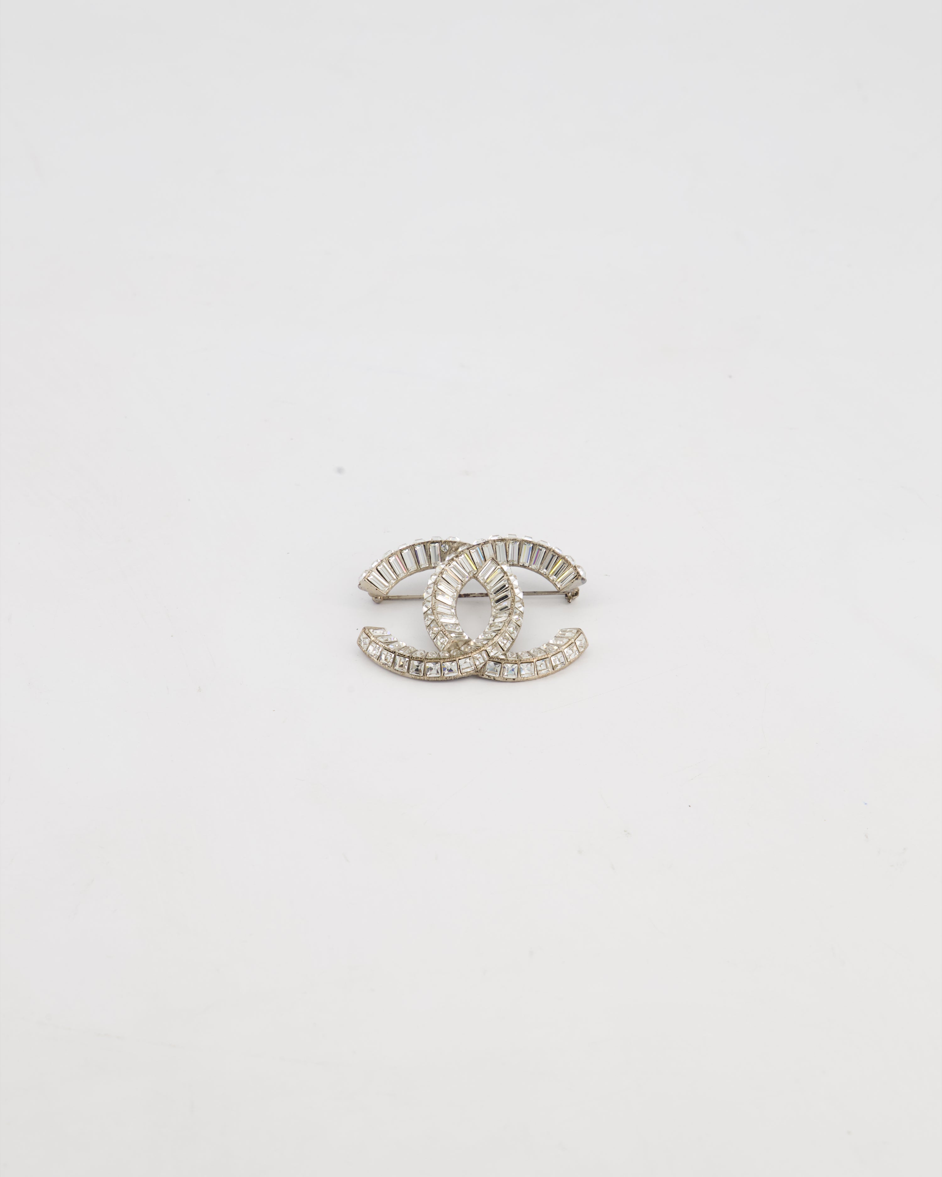 Chanel Silver Crystal Embellished CC Brooch