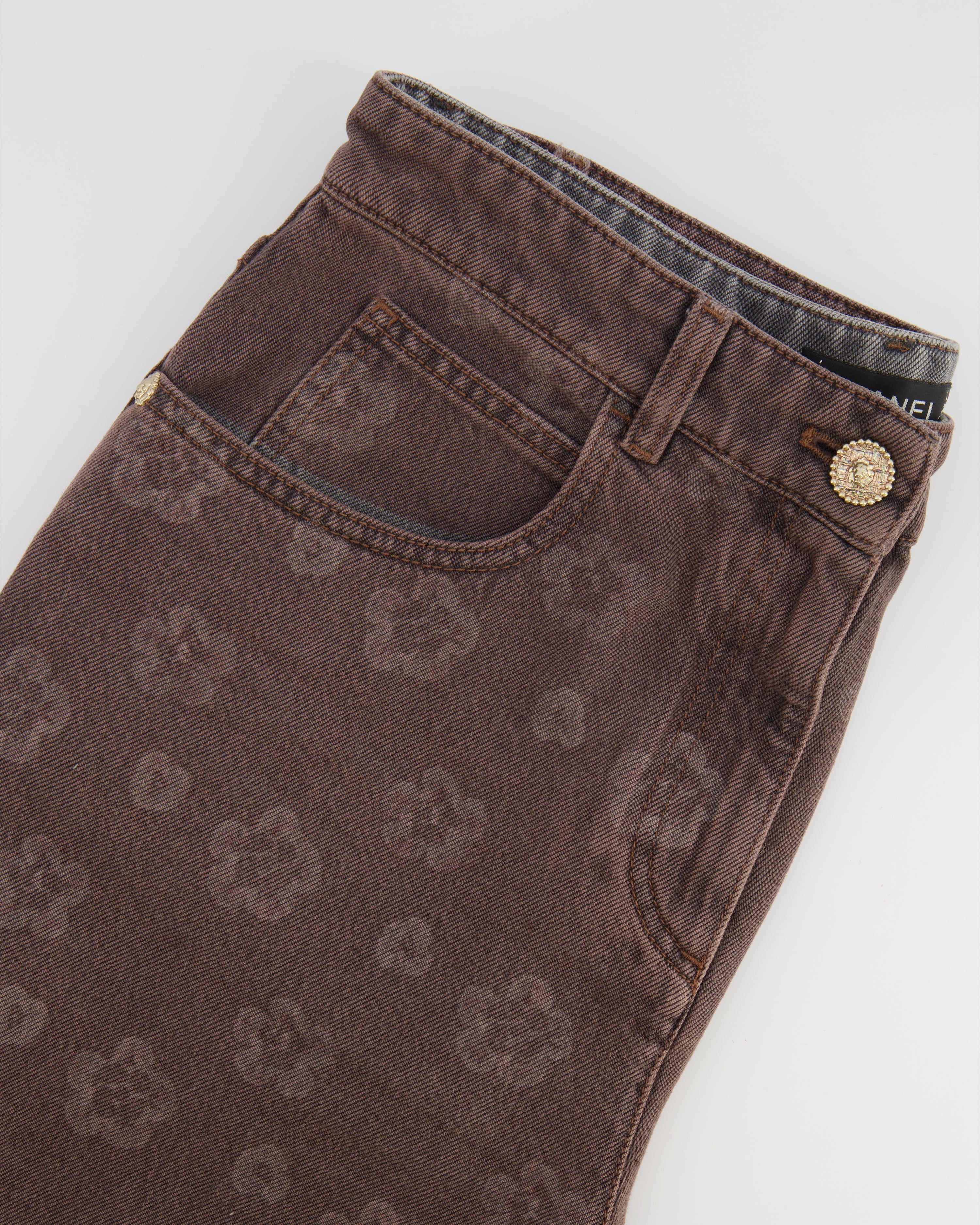 Chanel 25 Metiers D'Art Grey Wide-Leg Jeans with Flower Prints and Silver Lion Button Detail Size FR 38 (UK 10)