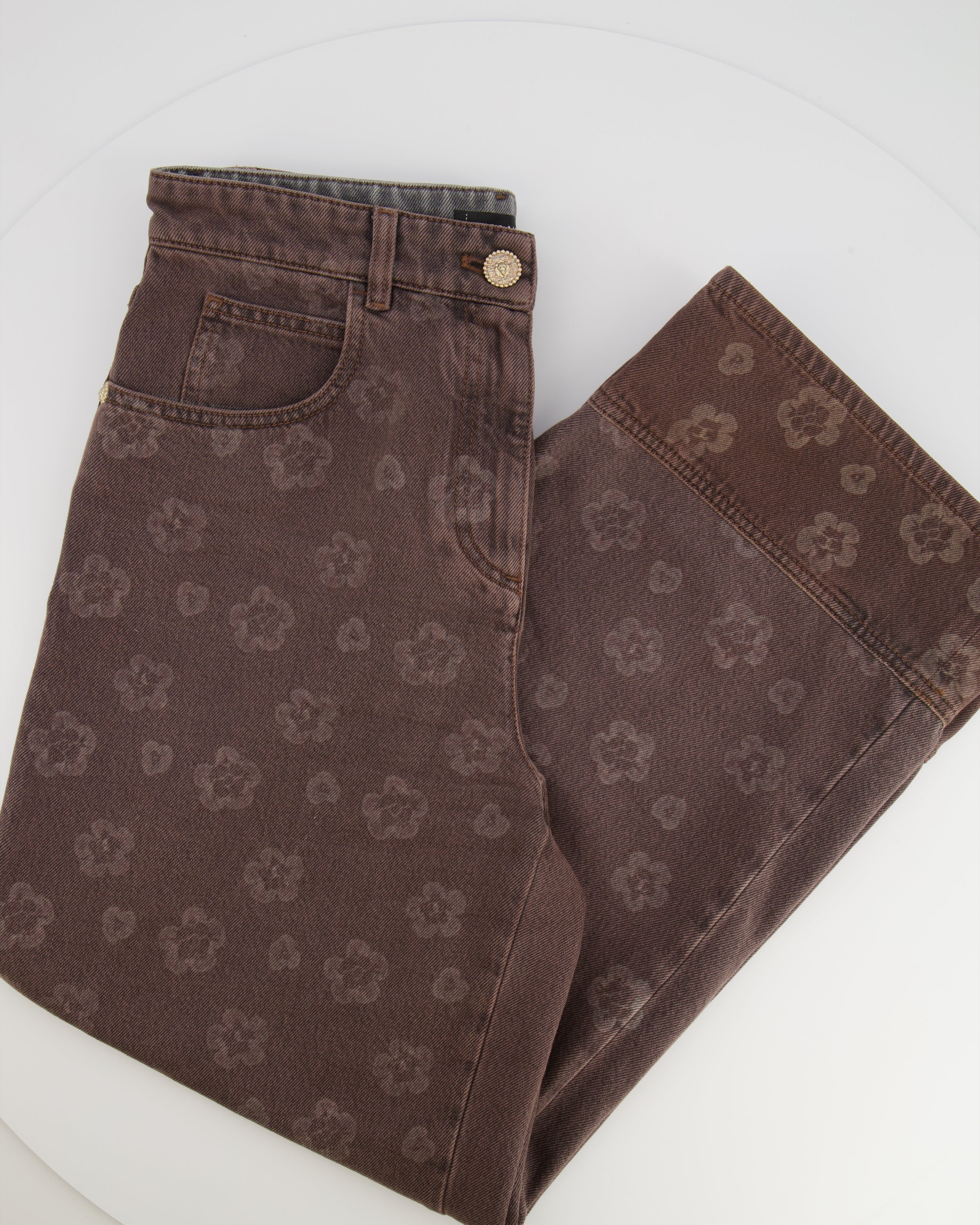 Chanel 25 Metiers D'Art Grey Wide-Leg Jeans with Flower Prints and Silver Lion Button Detail Size FR 38 (UK 10)