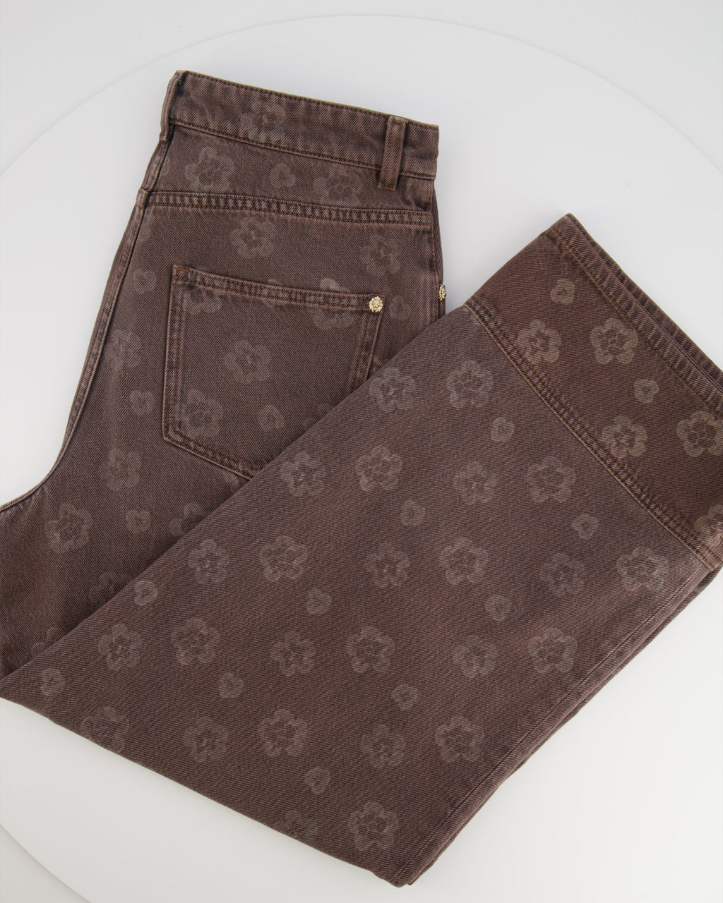Chanel 25 Metiers D'Art Grey Wide-Leg Jeans with Flower Prints and Silver Lion Button Detail Size FR 38 (UK 10)