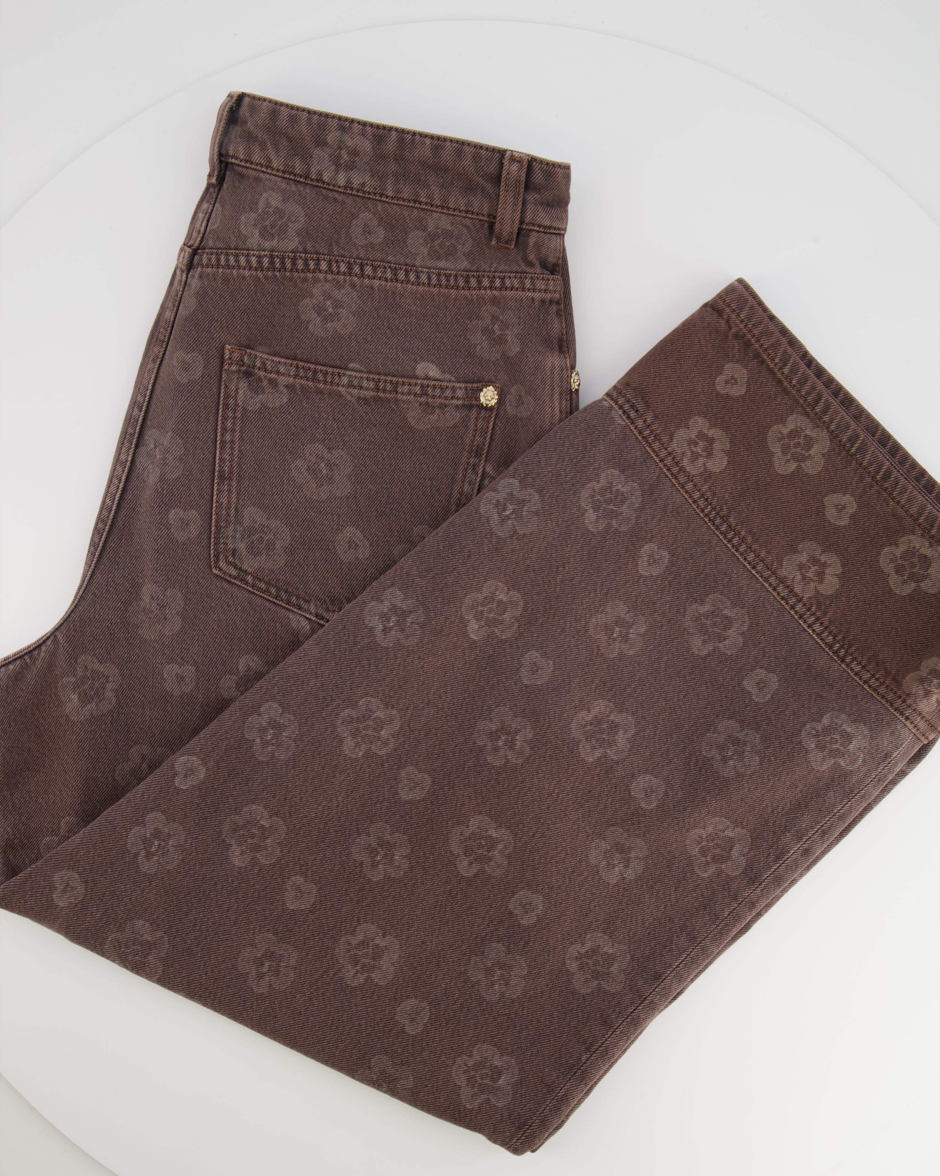 Chanel 25 Metiers D'Art Grey Wide-Leg Jeans with Flower Prints and Silver Lion Button Detail Size FR 38 (UK 10)
