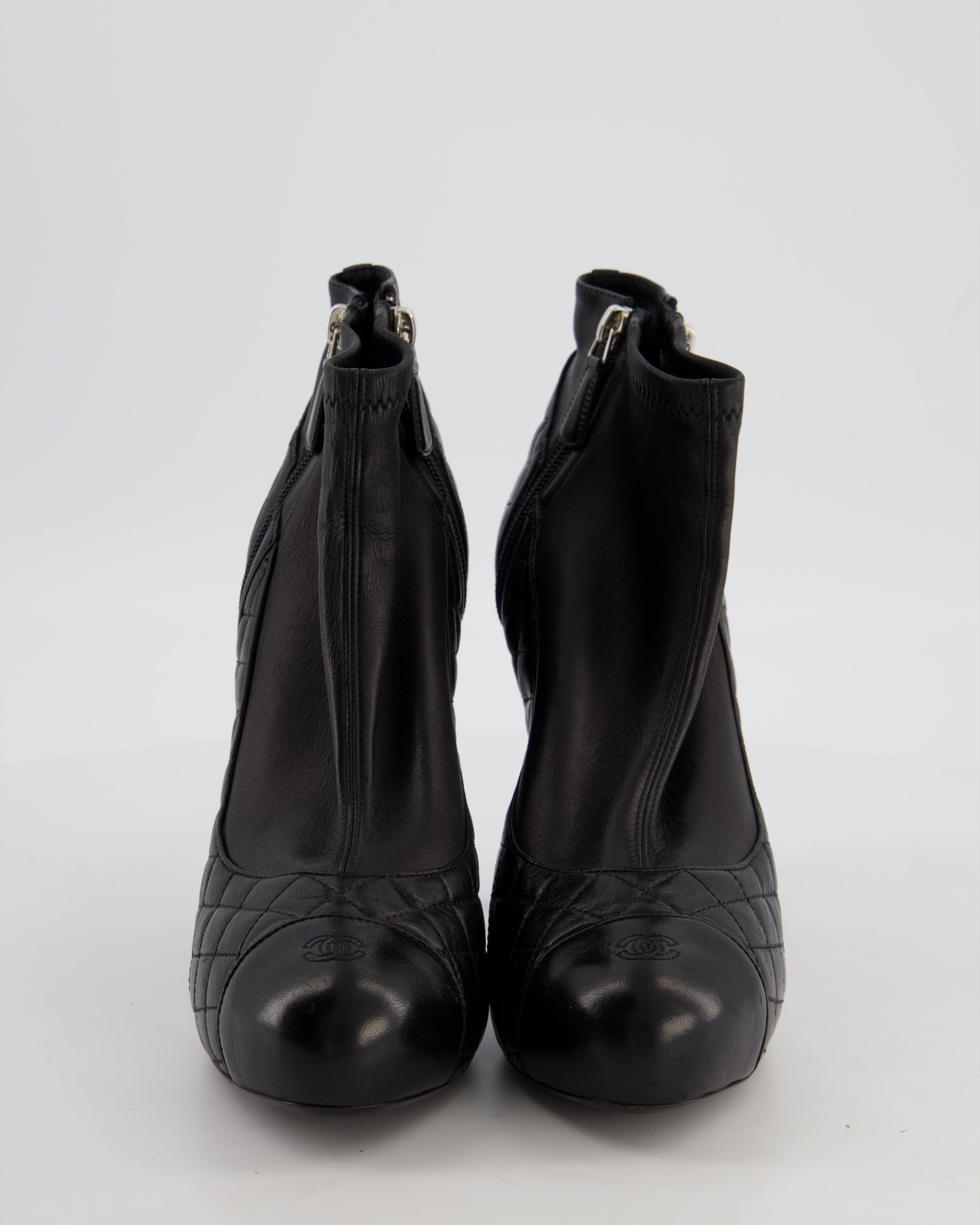 Chanel Quilted Black Lambskin Leather Heeled Ankle Boots Size EU 42