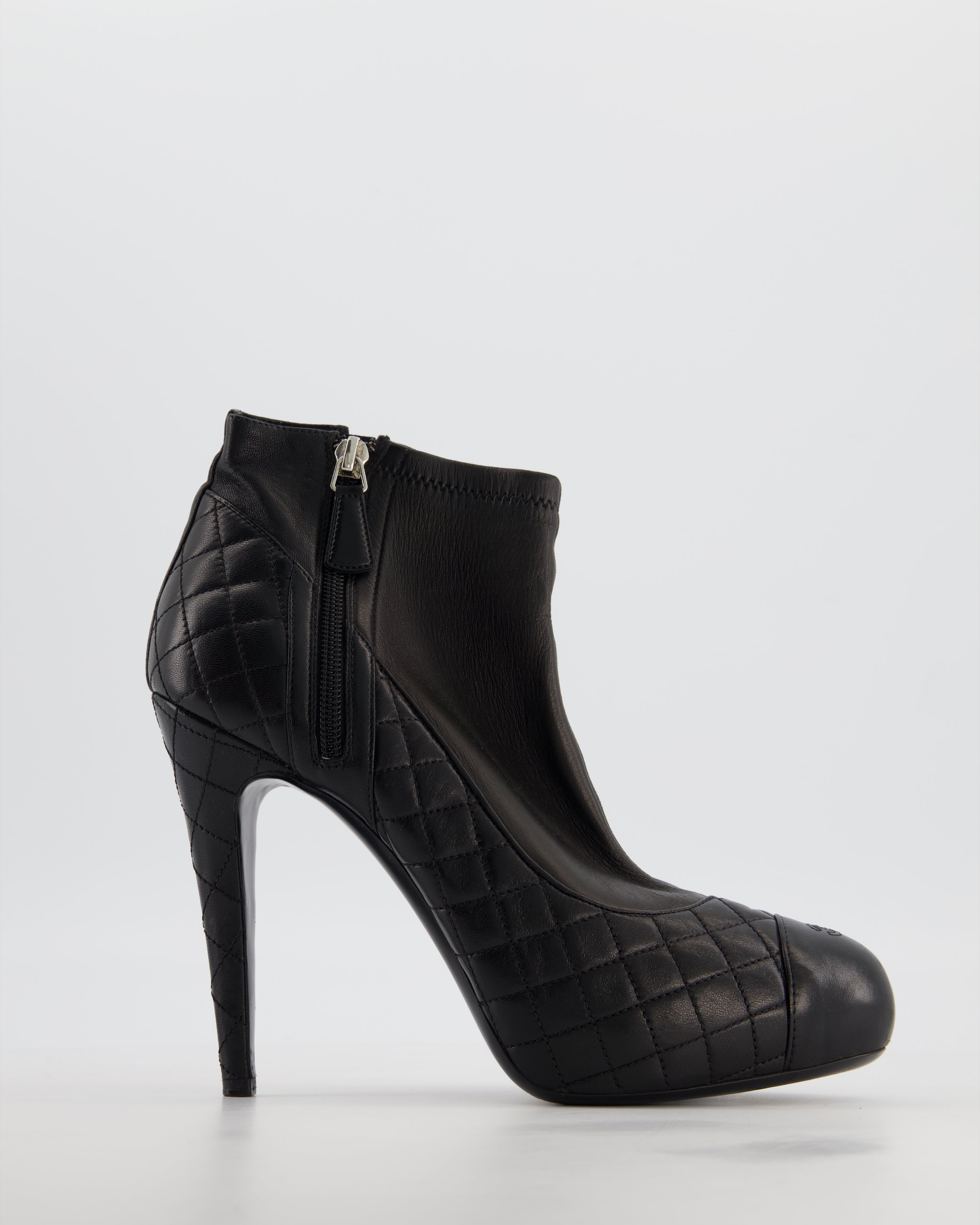 Chanel Quilted Black Lambskin Leather Heeled Ankle Boots Size EU 42