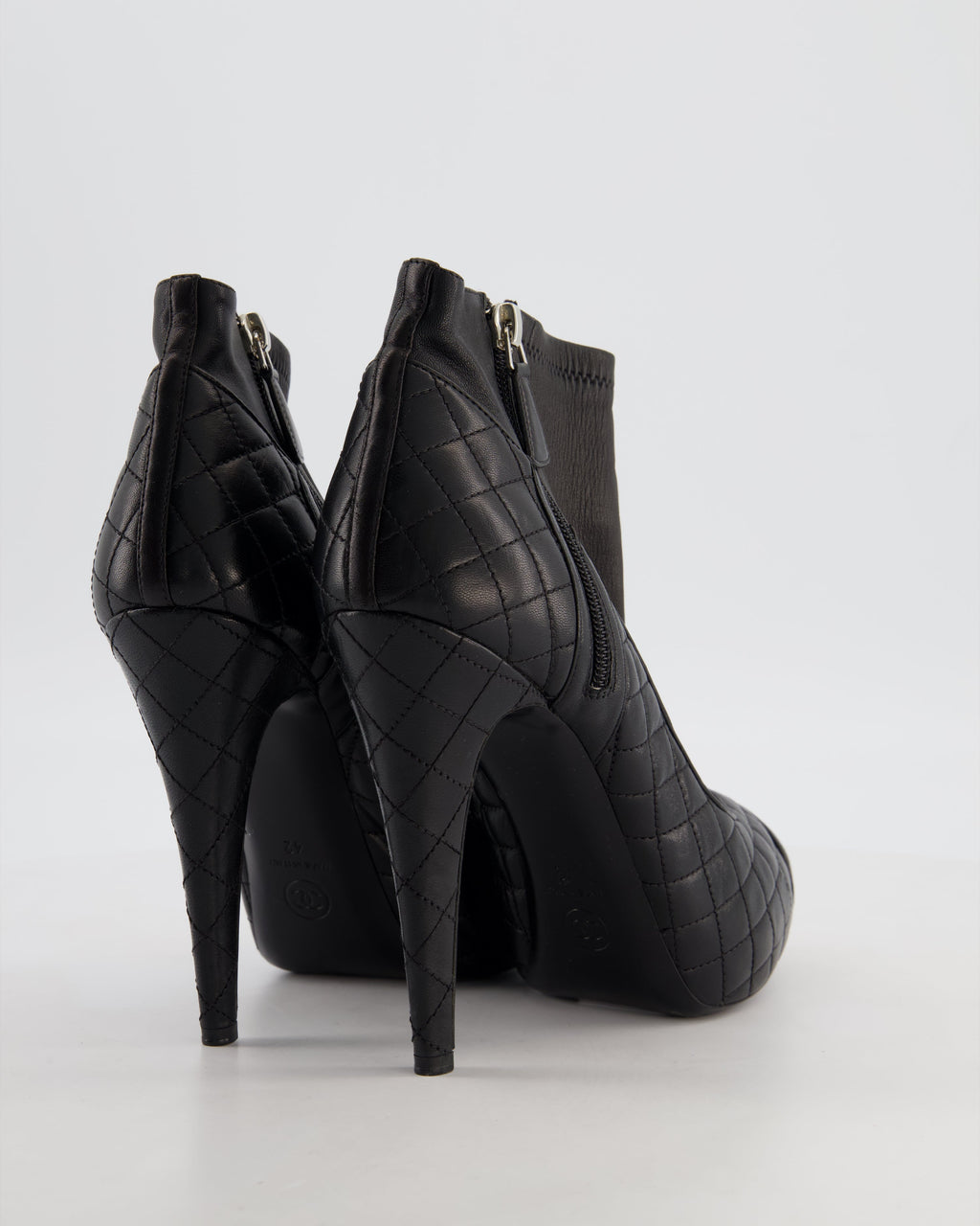 Chanel Quilted Black Lambskin Leather Heeled Ankle Boots Size EU 42