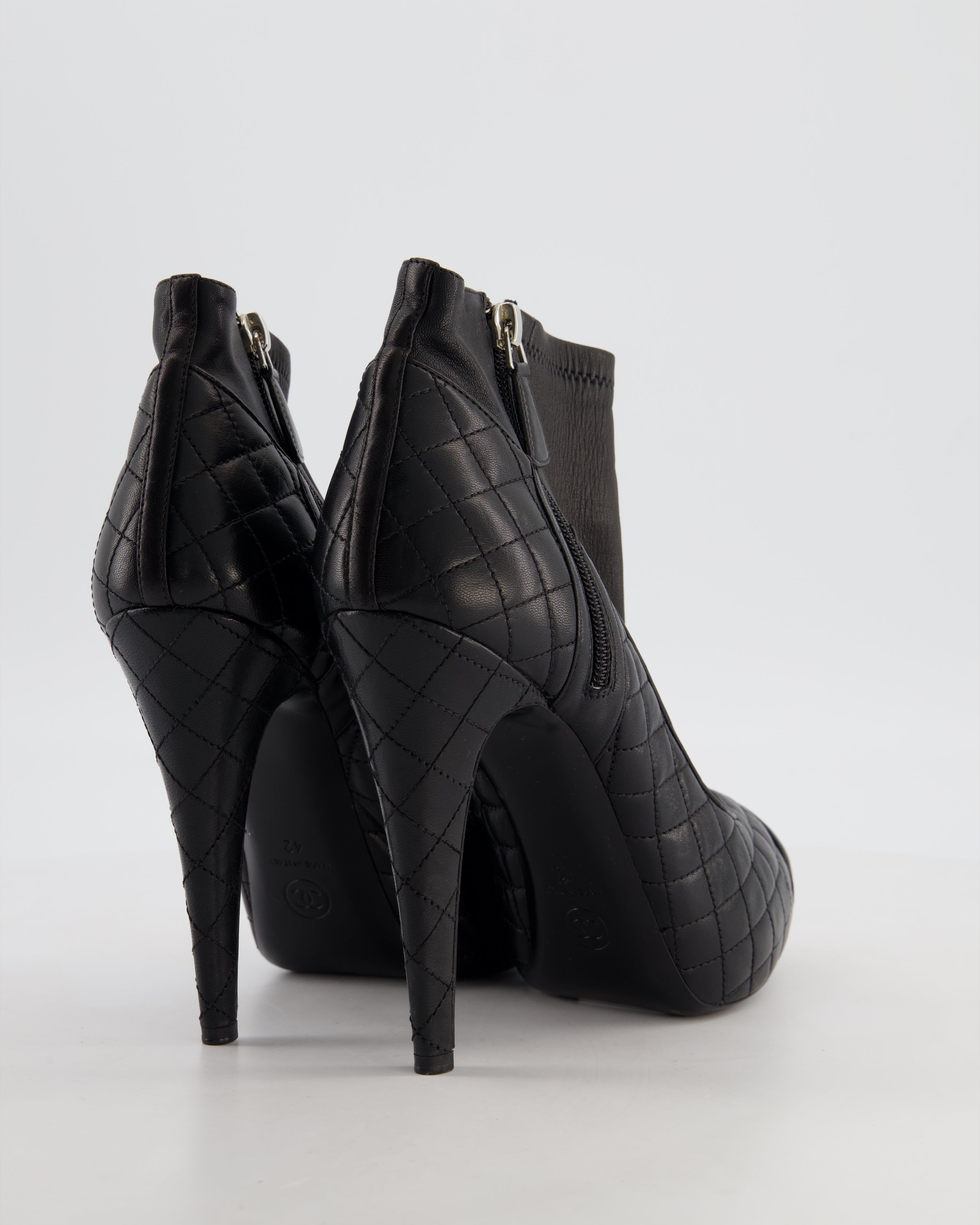 Chanel Quilted Black Lambskin Leather Heeled Ankle Boots Size EU 42