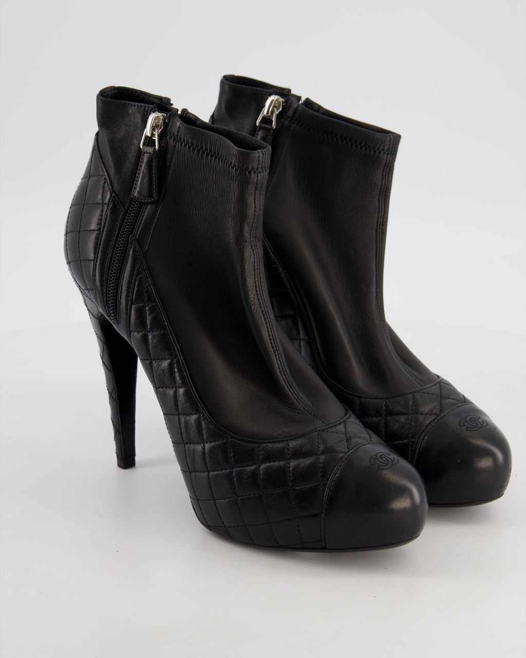 Chanel Quilted Black Lambskin Leather Heeled Ankle Boots Size EU 42
