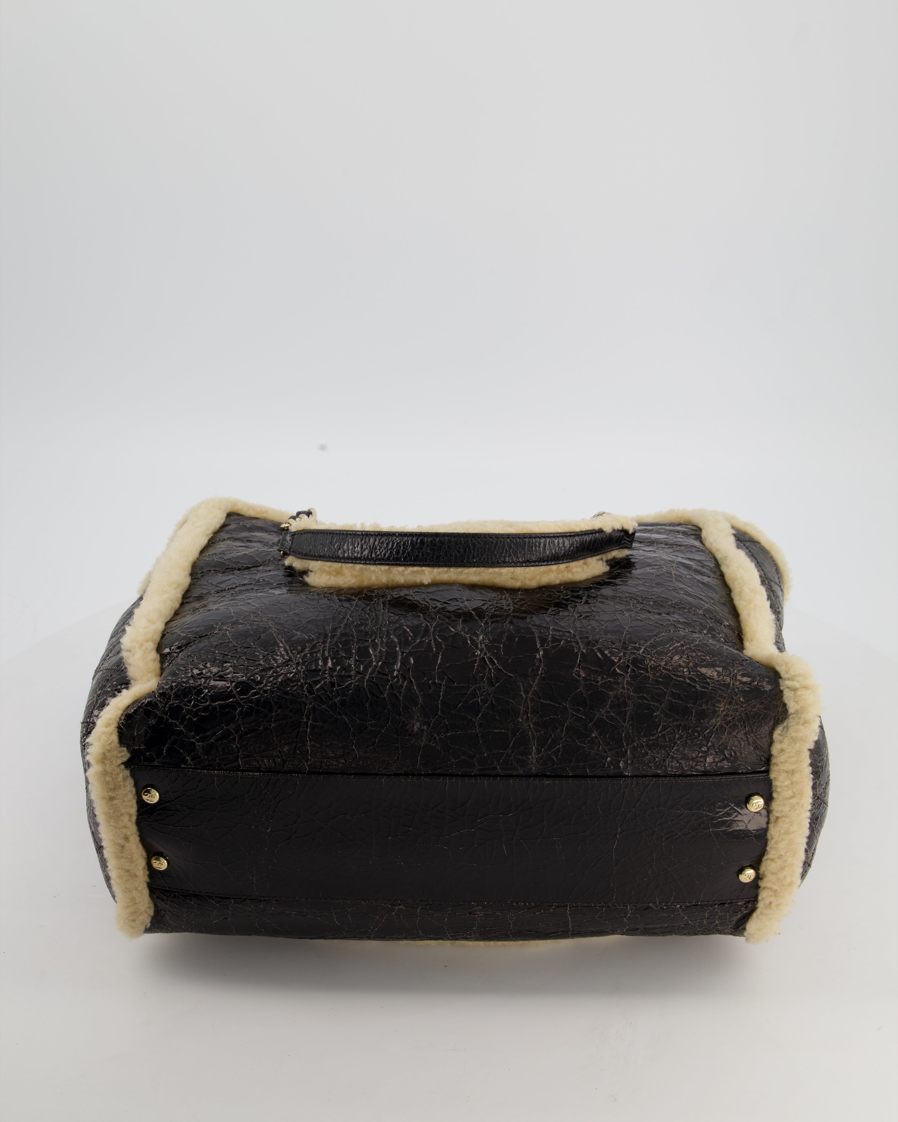 Chanel Black Shiny Crumpled Shearling CC Mania Deauville Tote Bag with Champagne Gold Hardware