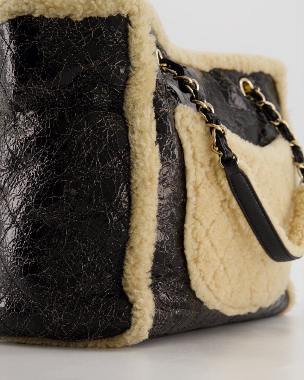 Chanel Black Shiny Crumpled Shearling CC Mania Deauville Tote Bag with Champagne Gold Hardware