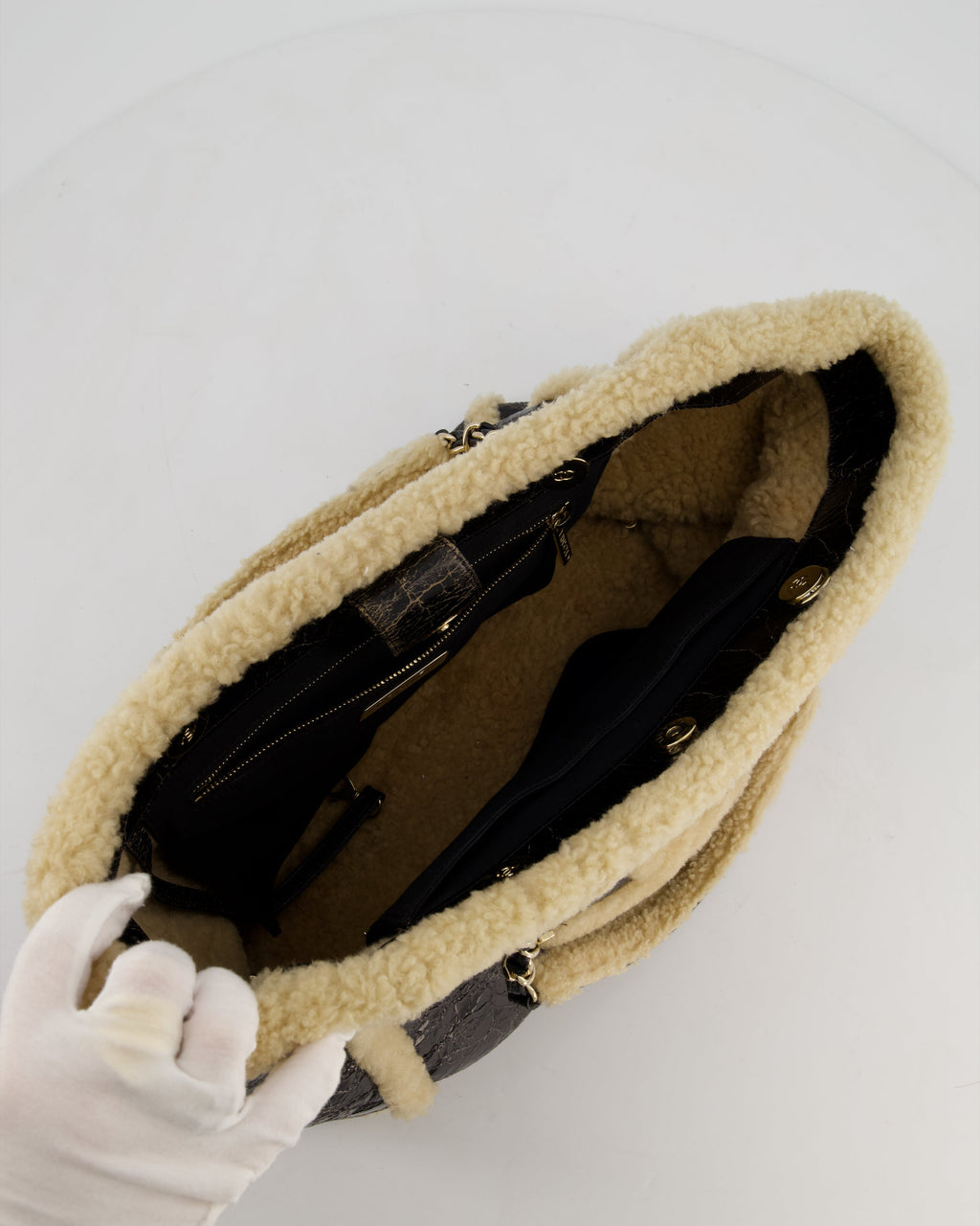 Chanel Black Shiny Crumpled Shearling CC Mania Deauville Tote Bag with Champagne Gold Hardware