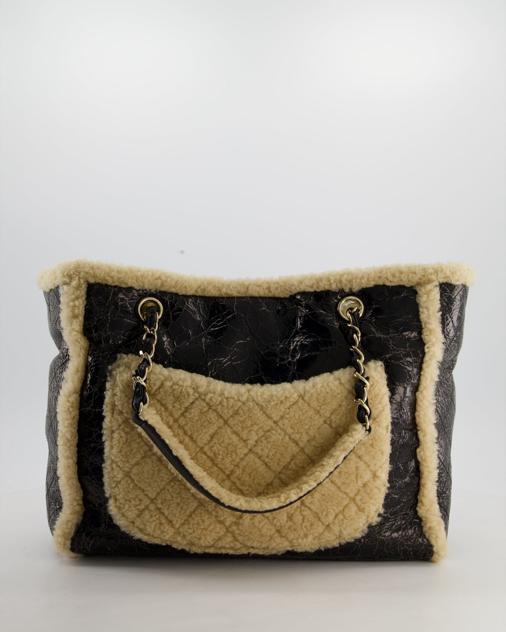Chanel Black Shiny Crumpled Shearling CC Mania Deauville Tote Bag with Champagne Gold Hardware