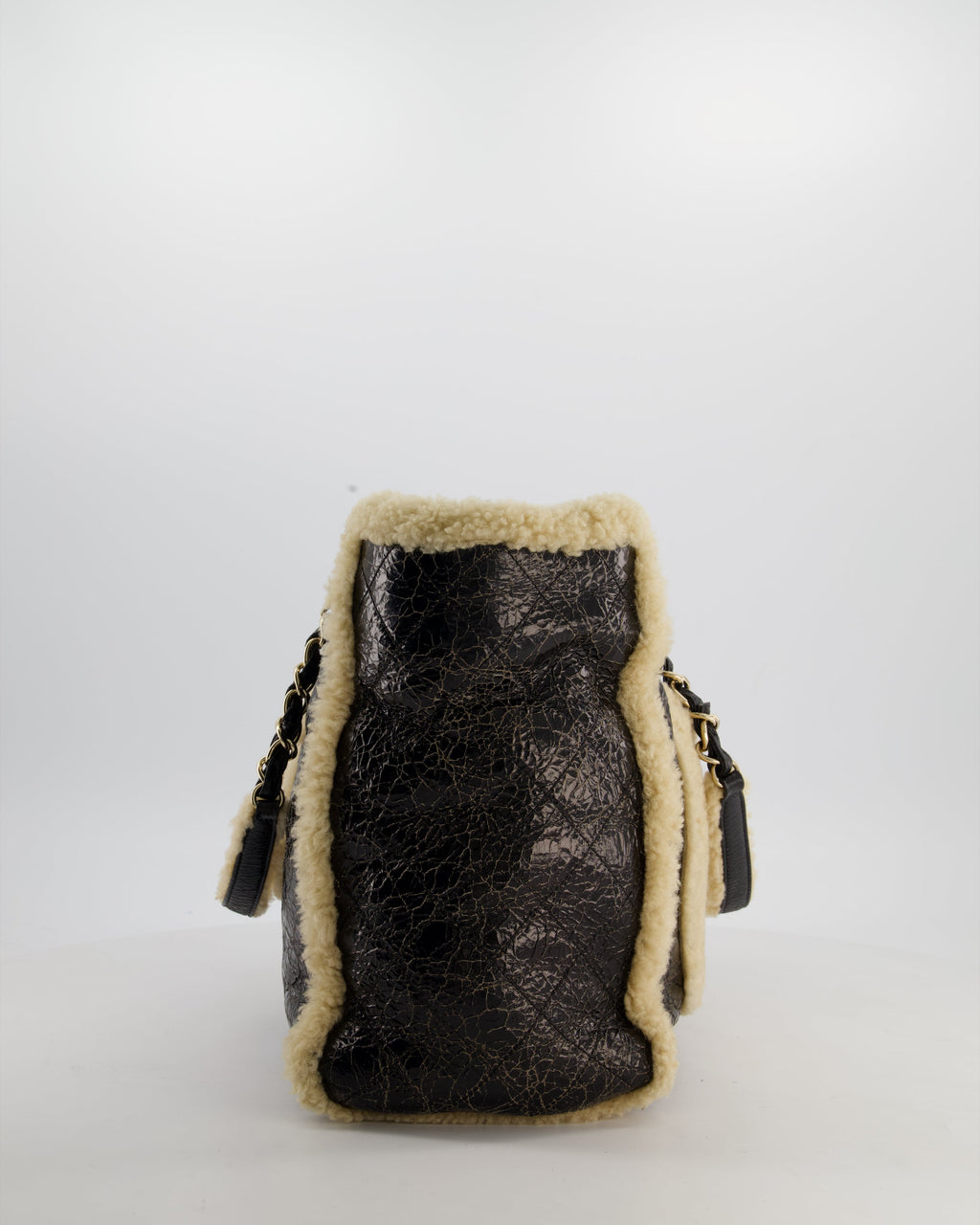 Chanel Black Shiny Crumpled Shearling CC Mania Deauville Tote Bag with Champagne Gold Hardware