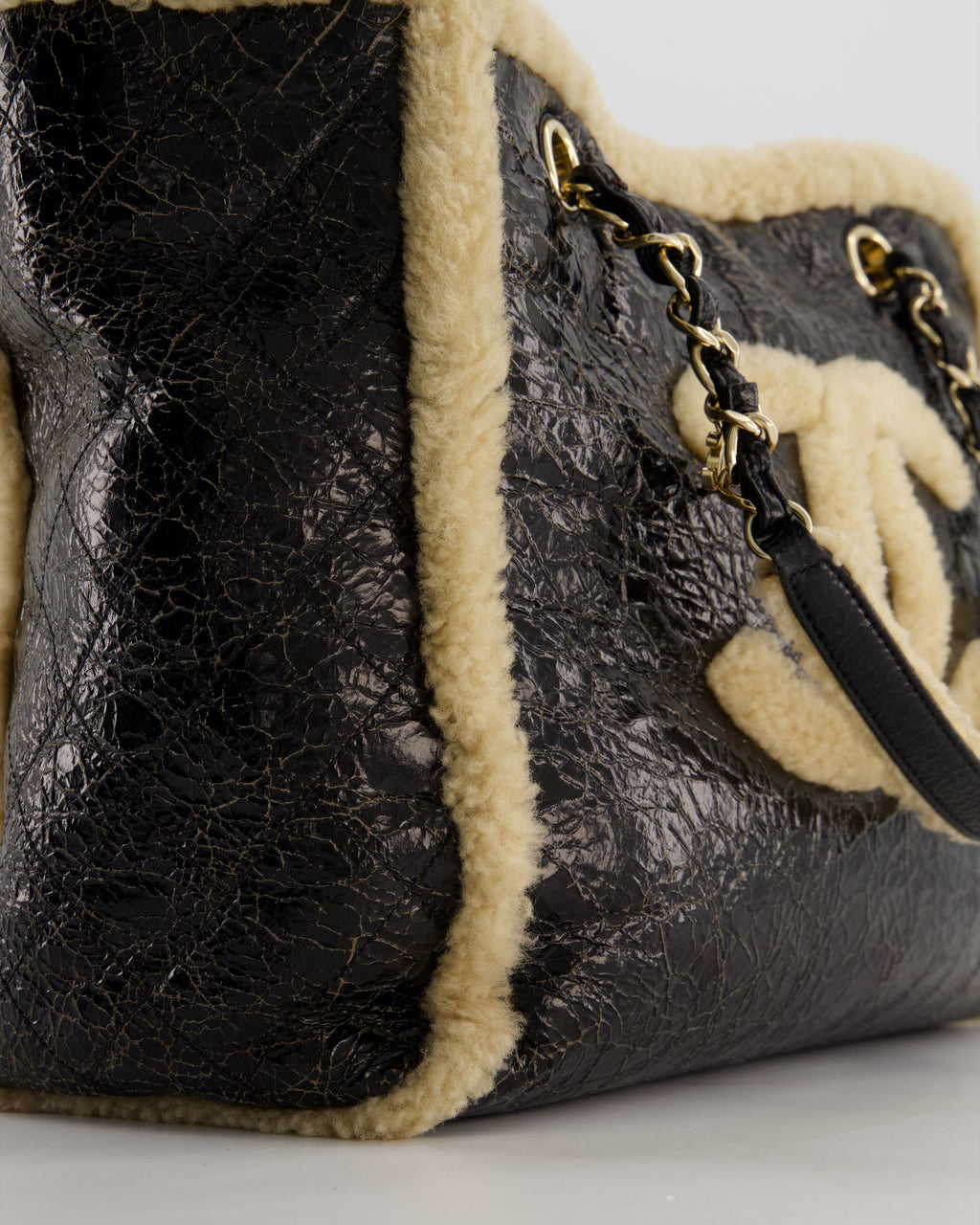 Chanel Black Shiny Crumpled Shearling CC Mania Deauville Tote Bag with Champagne Gold Hardware
