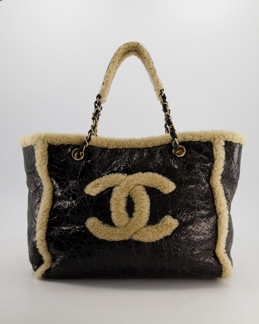 Chanel Black Shiny Crumpled Shearling CC Mania Deauville Tote Bag with Champagne Gold Hardware