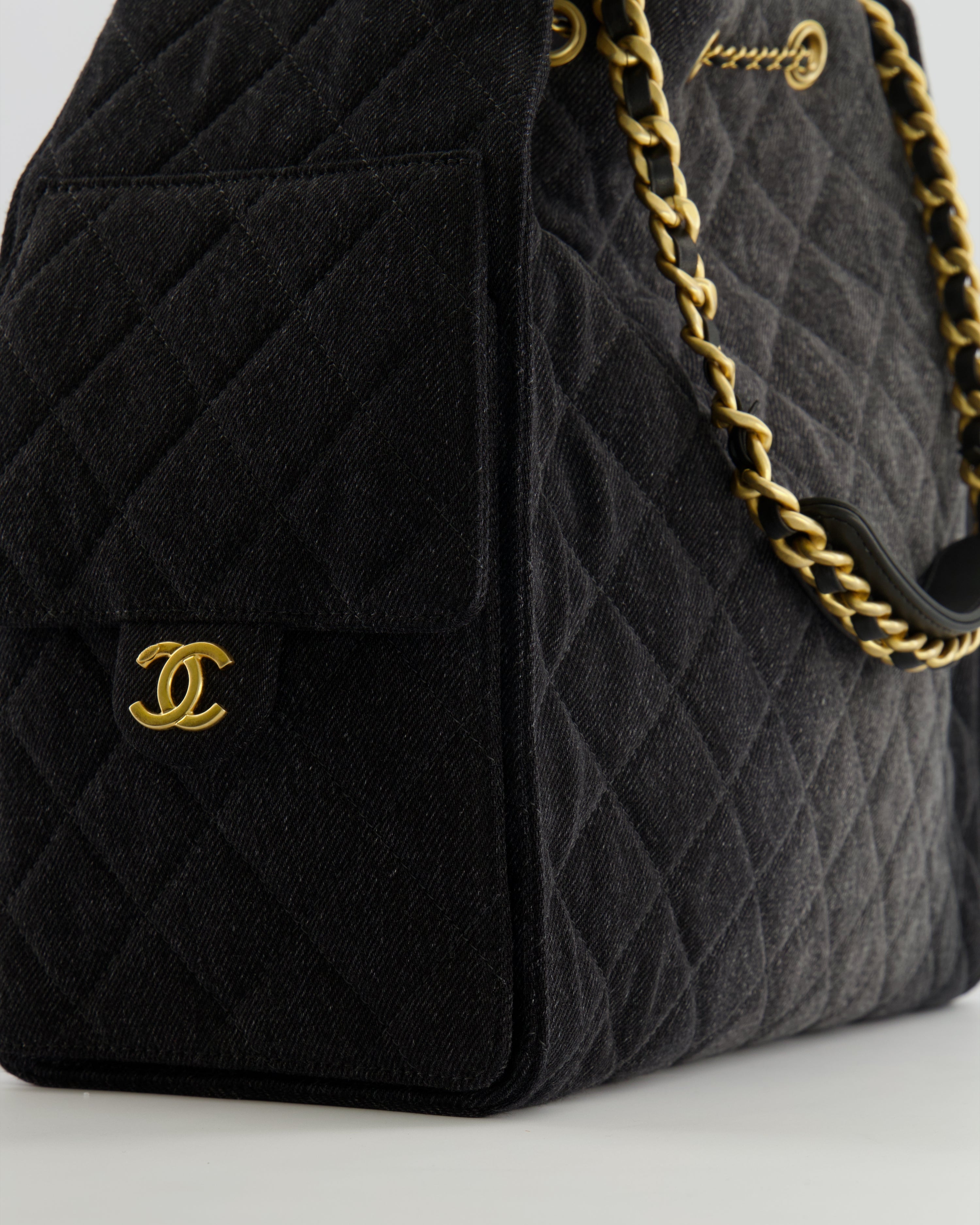 Chanel Medium 25 Hobo Bag in Black Quilted Denim with Brushed Gold Hardware