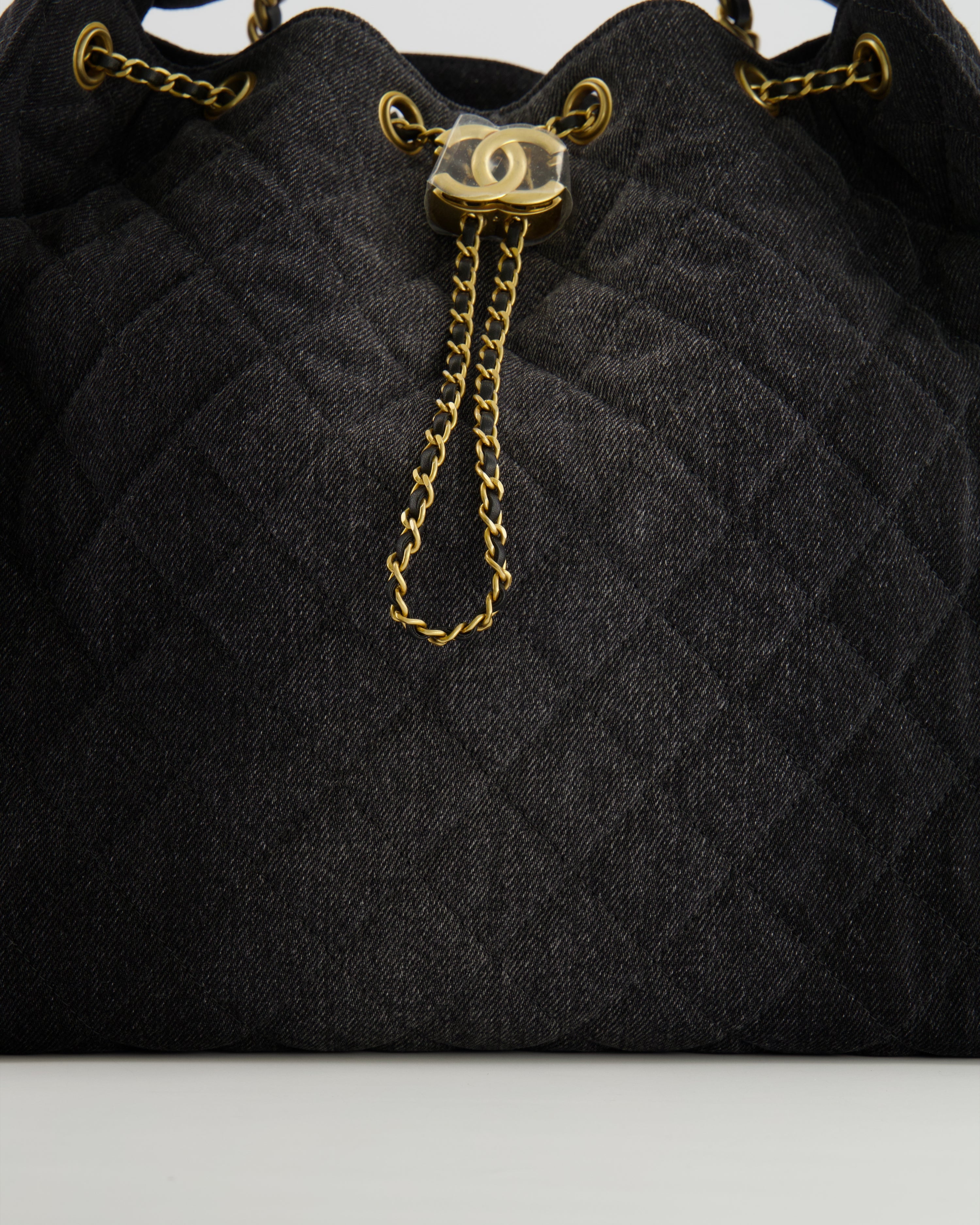 Chanel Medium 25 Hobo Bag in Black Quilted Denim with Brushed Gold Hardware