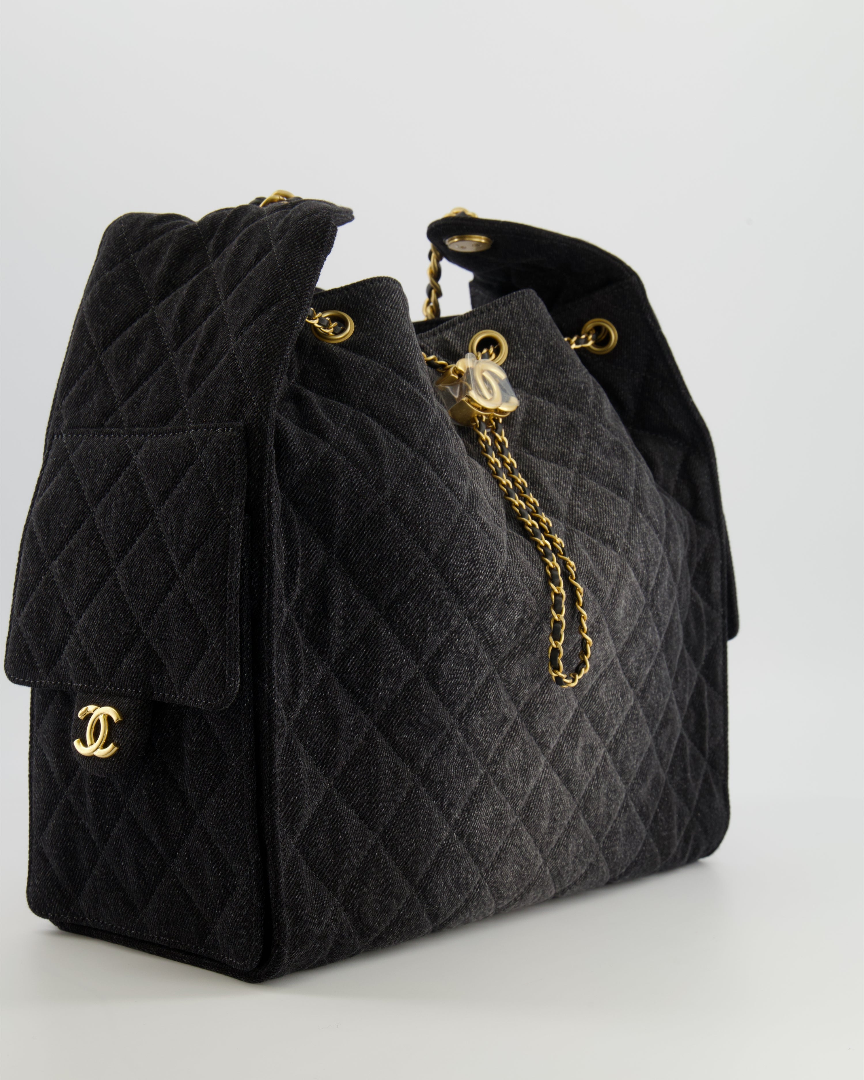 Chanel Medium 25 Hobo Bag in Black Quilted Denim with Brushed Gold Hardware