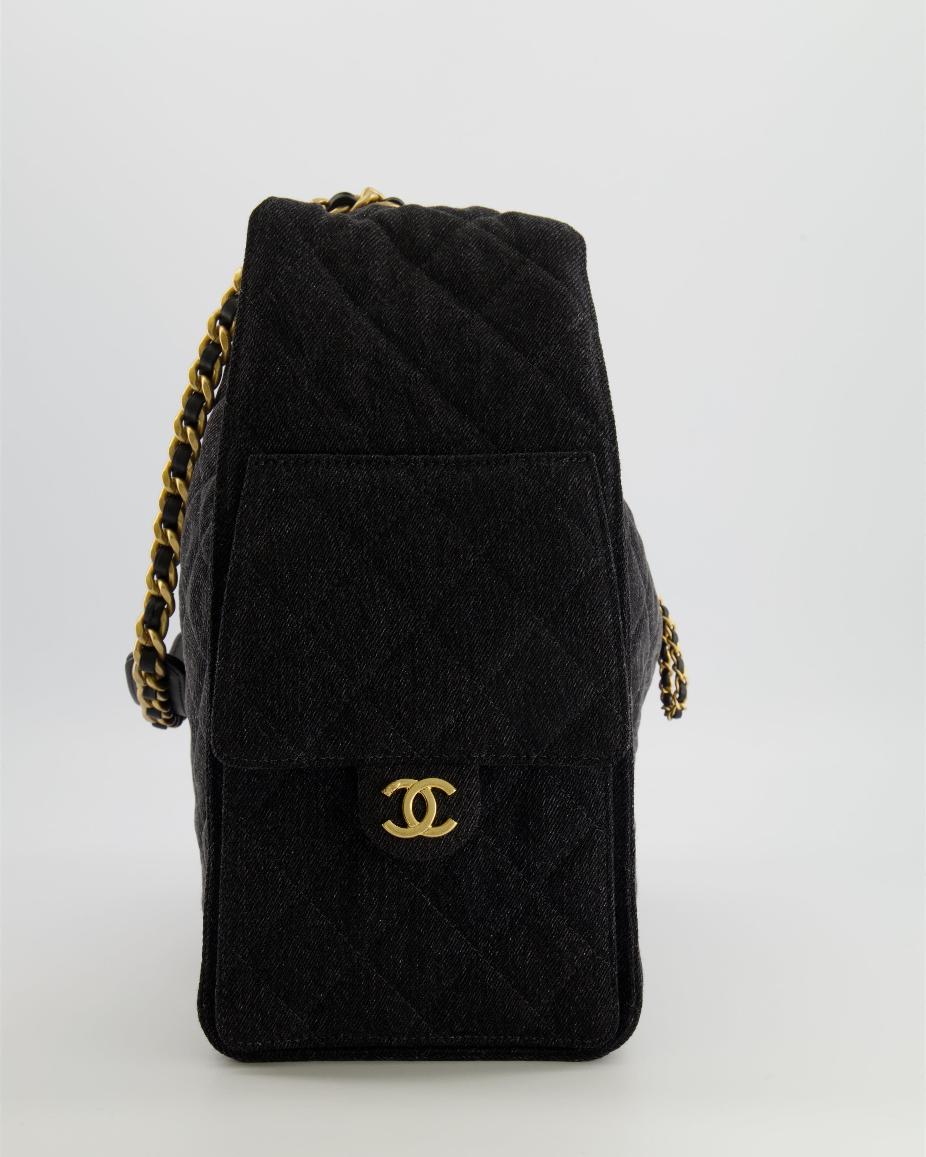 Chanel Medium 25 Hobo Bag in Black Quilted Denim with Brushed Gold Hardware