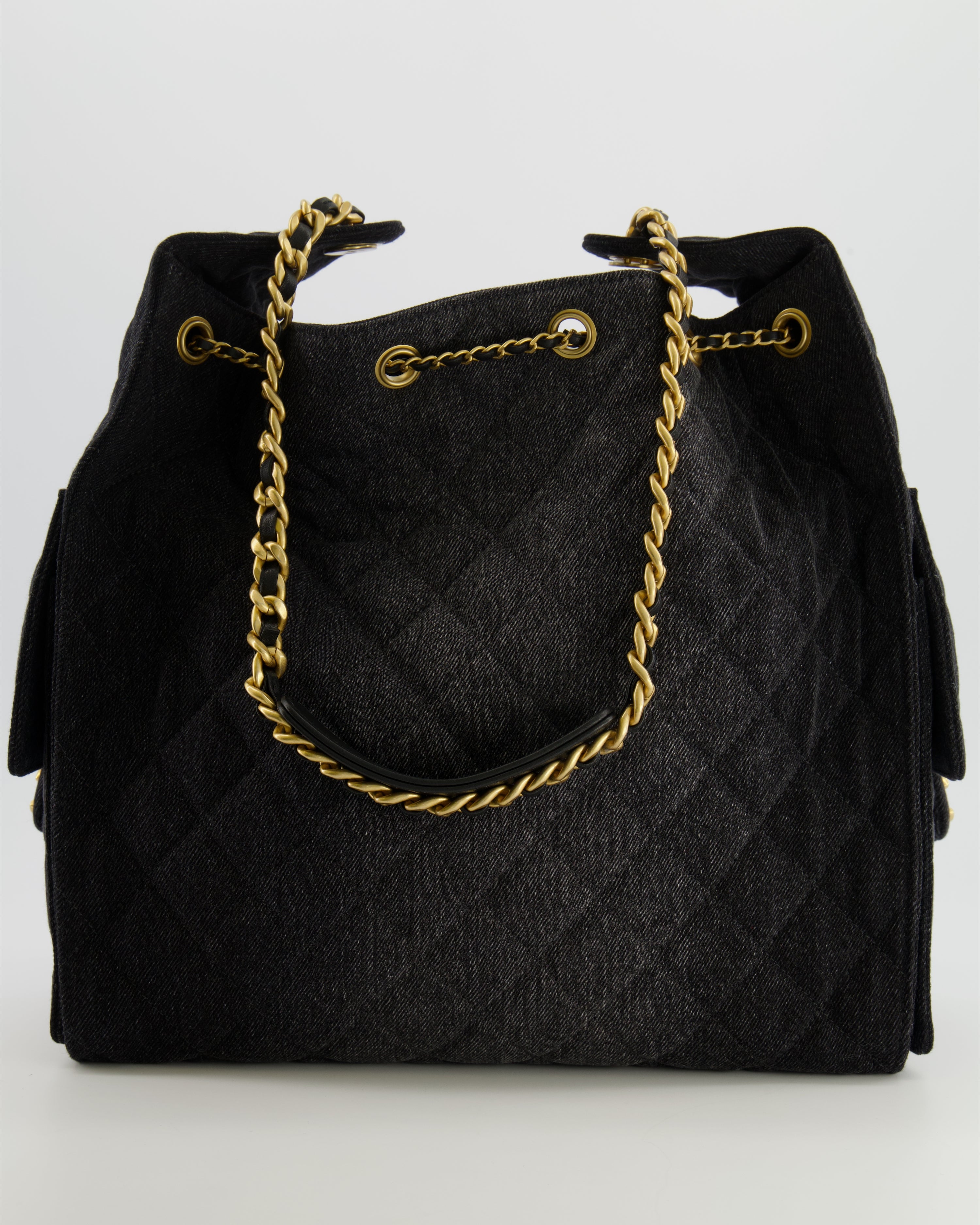Chanel Medium 25 Hobo Bag in Black Quilted Denim with Brushed Gold Hardware