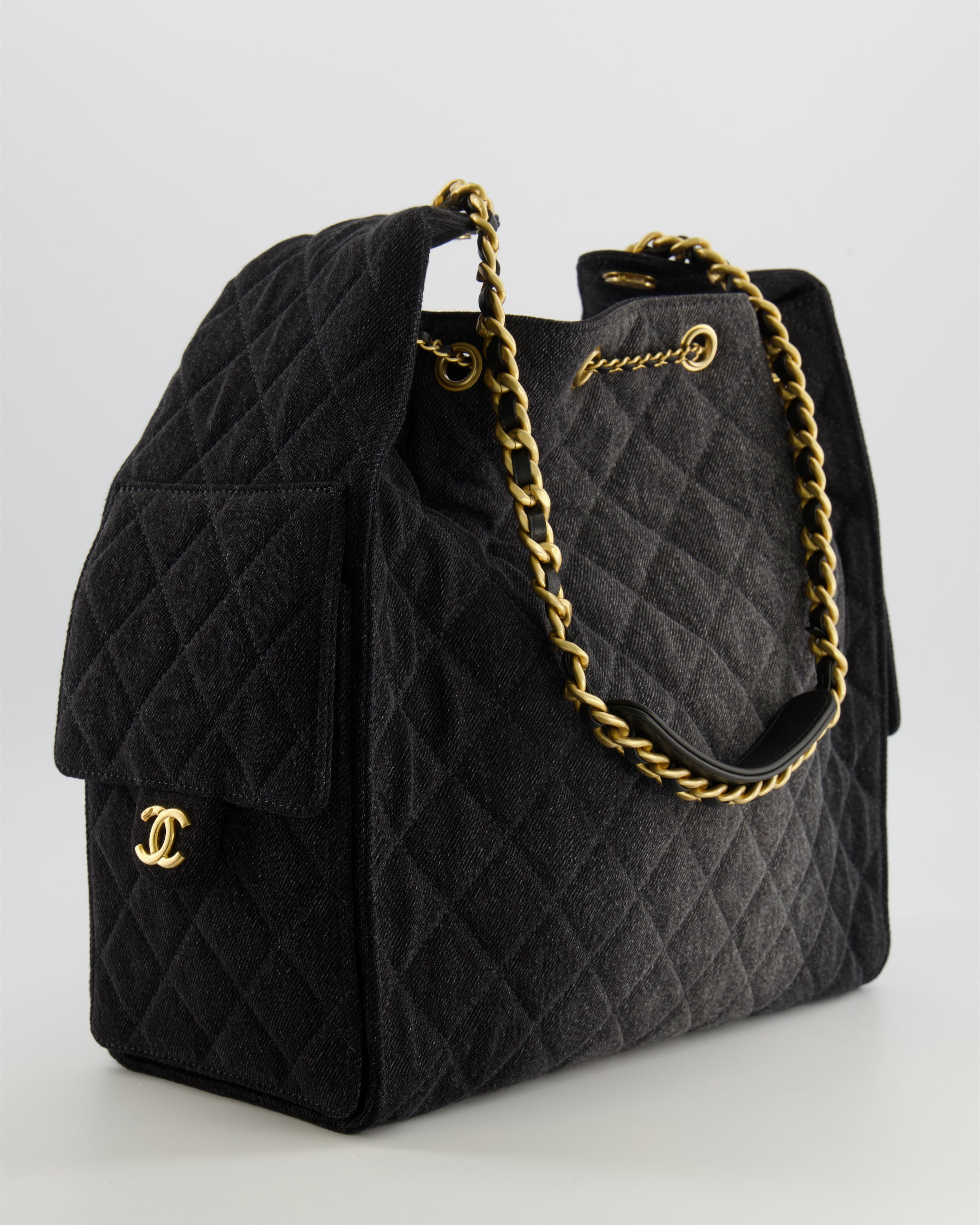 Chanel Medium 25 Hobo Bag in Black Quilted Denim with Brushed Gold Hardware