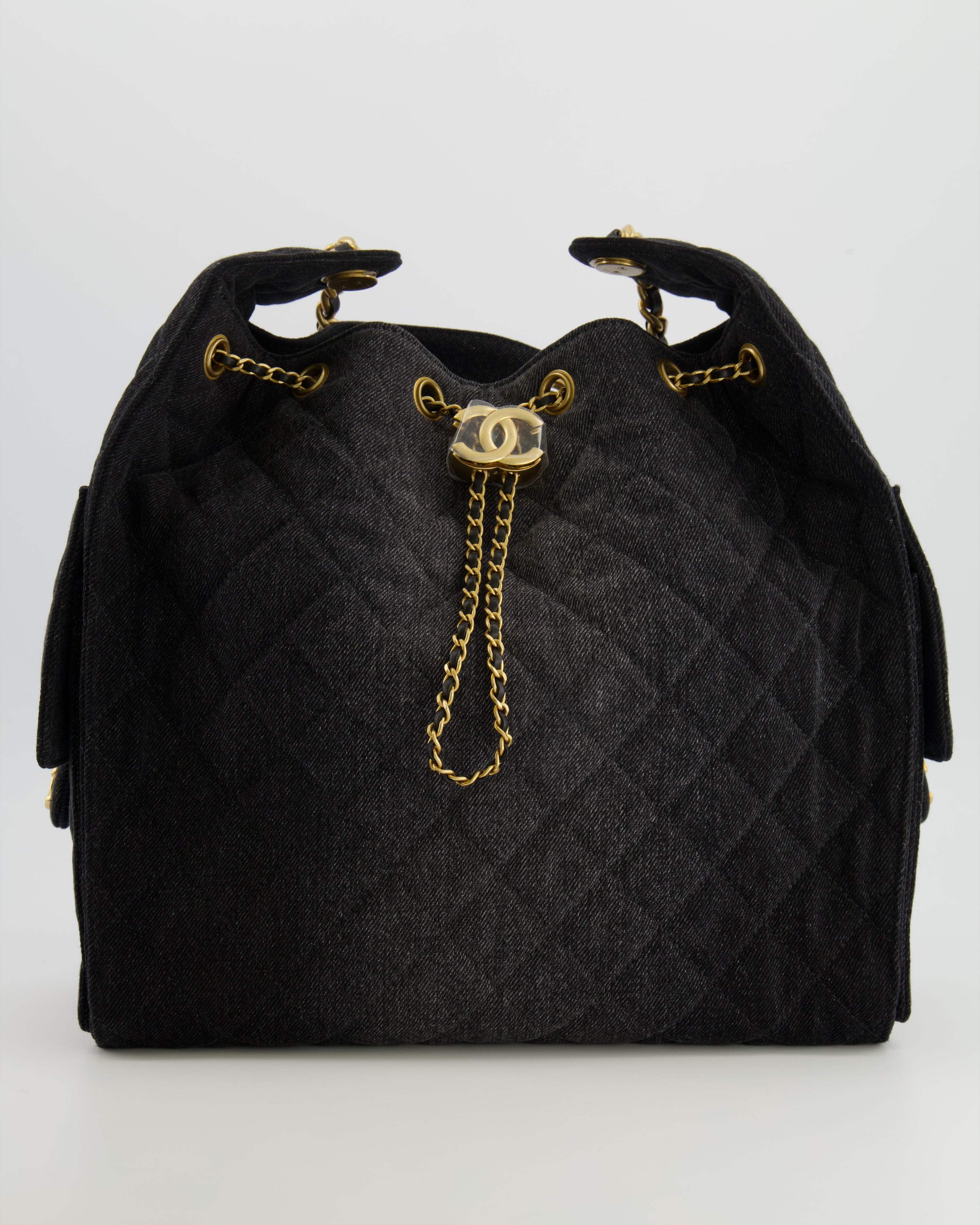 Chanel Medium 25 Hobo Bag in Black Quilted Denim with Brushed Gold Hardware