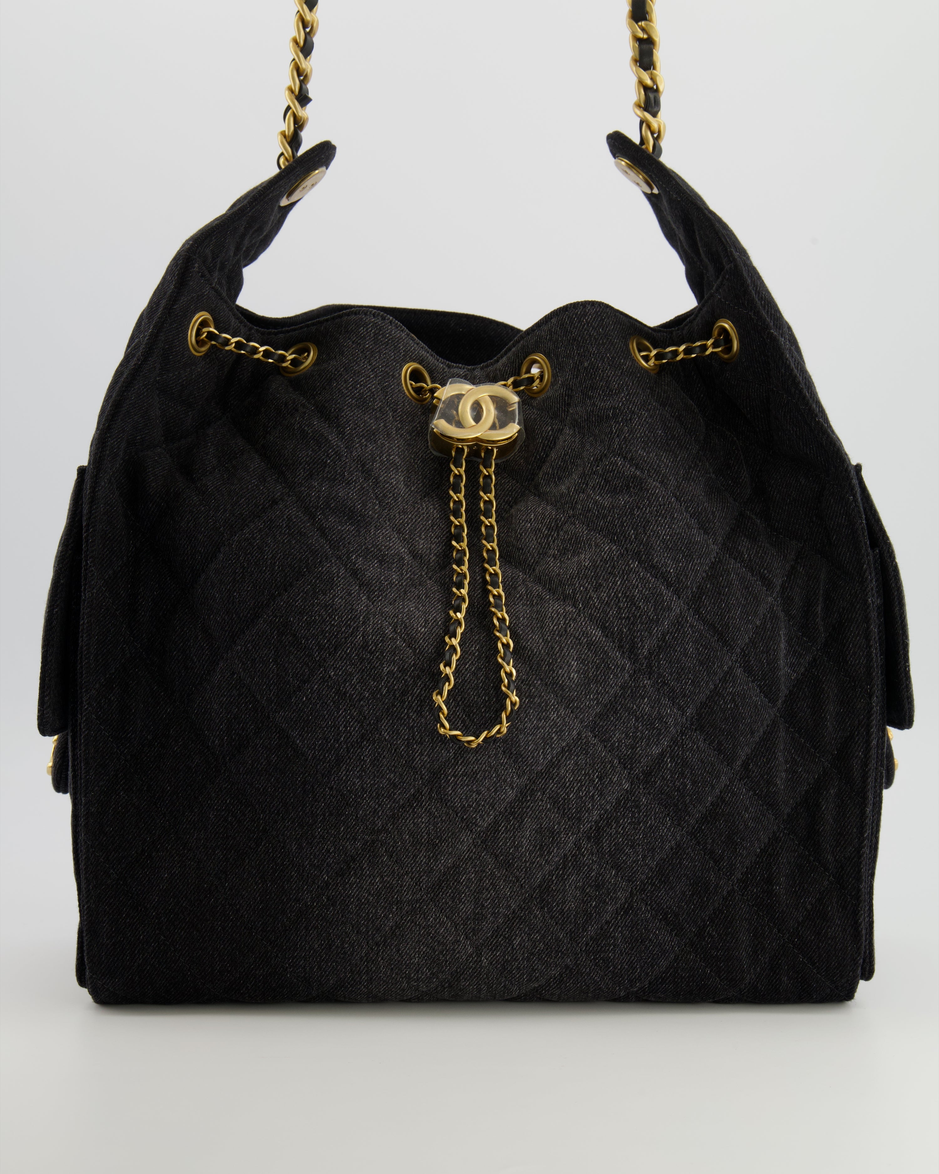 Chanel Medium 25 Hobo Bag in Black Quilted Denim with Brushed Gold Hardware