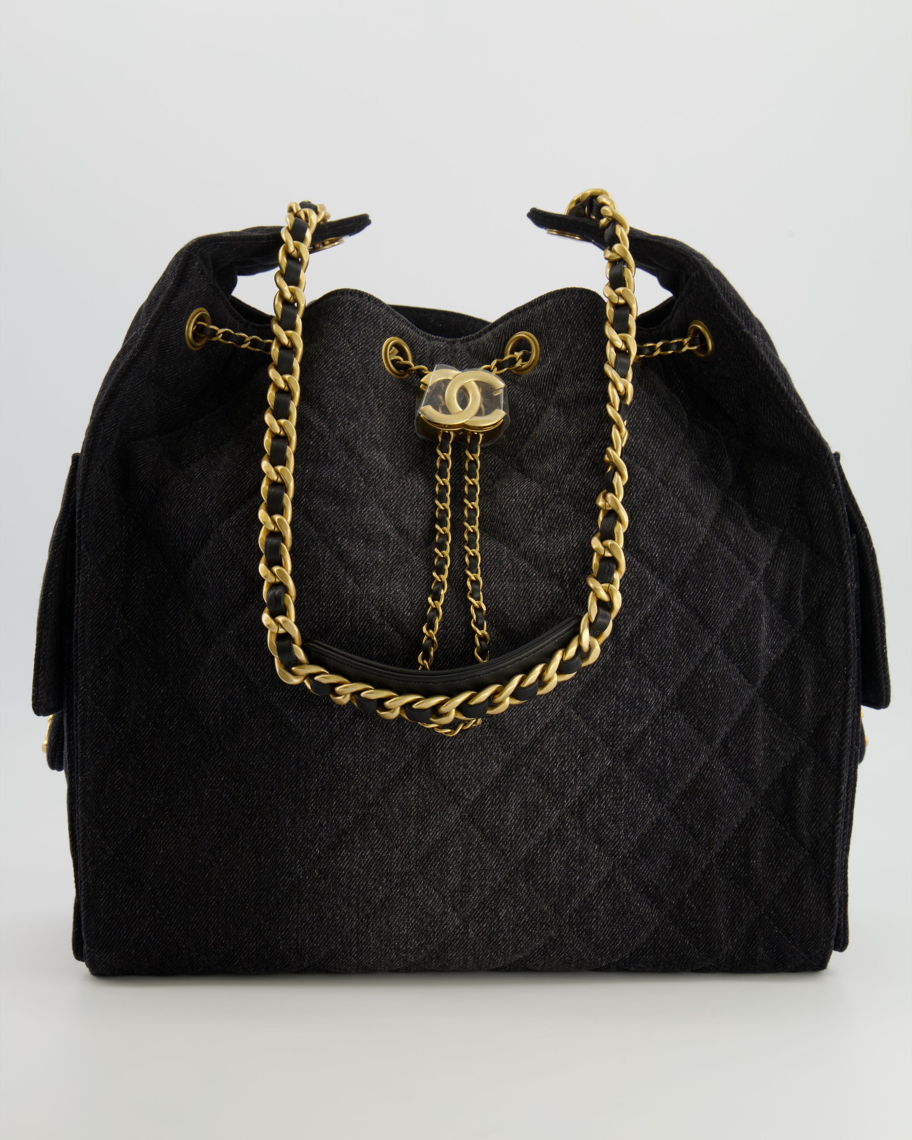 Chanel Medium 25 Hobo Bag in Black Quilted Denim with Brushed Gold Hardware