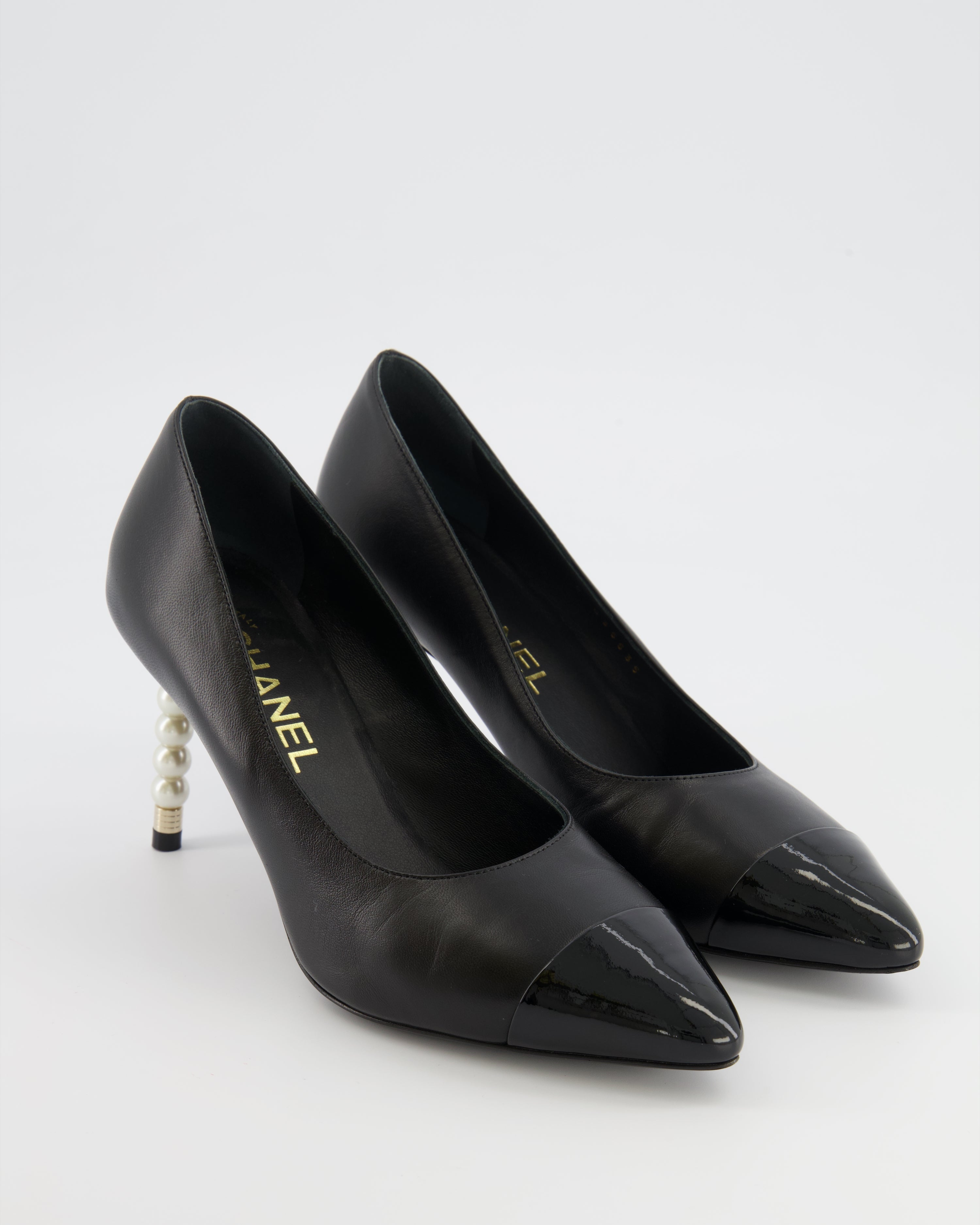 Chanel Black Leather Pumps with Patent Leather Toecap and Pearl Embellished Heel with Champagne Gold CC Logo Detail Size EU 38C
