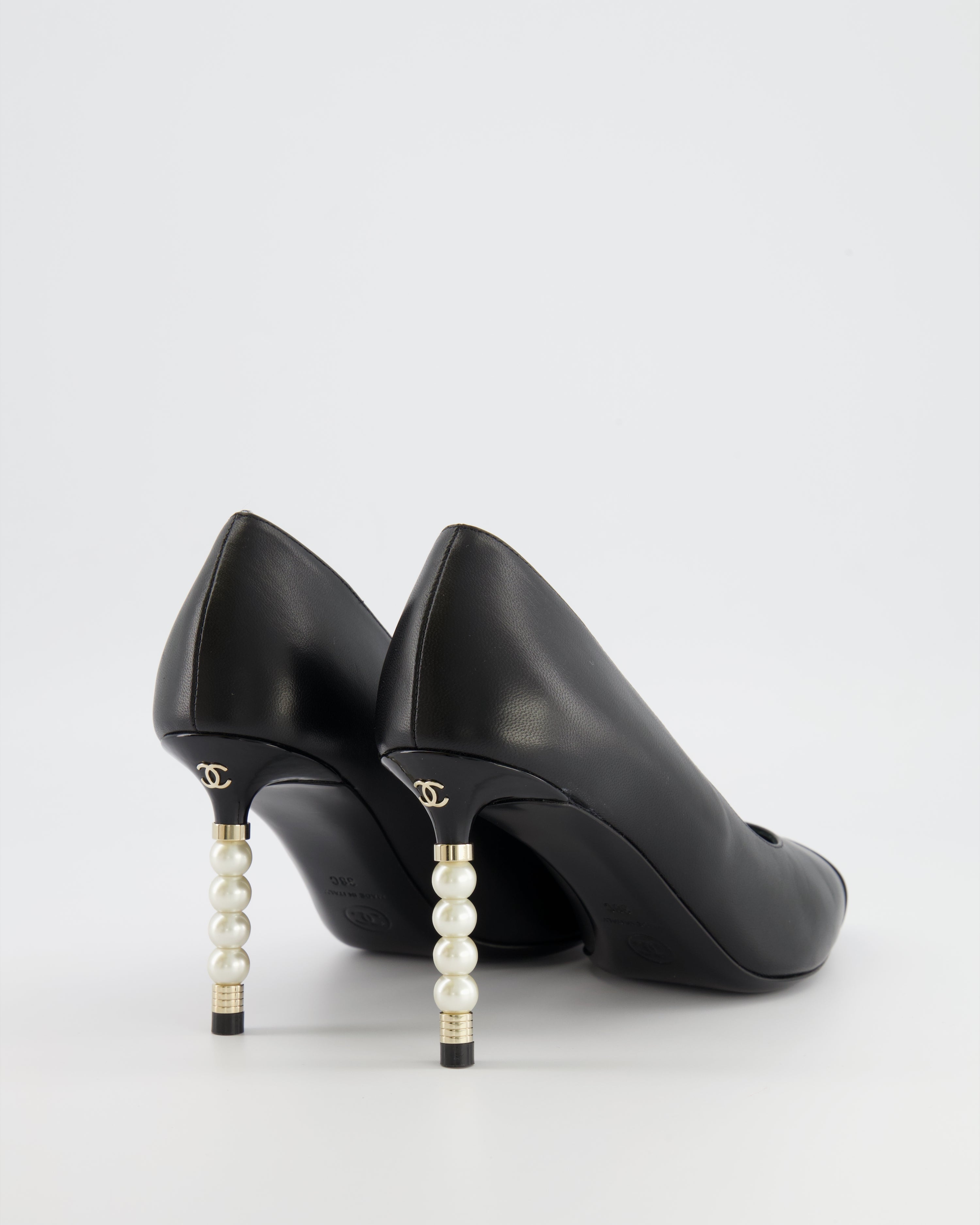 Chanel Black Leather Pumps with Patent Leather Toecap and Pearl Embellished Heel with Champagne Gold CC Logo Detail Size EU 38C
