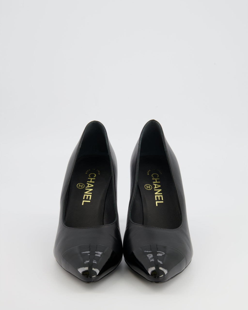 Chanel Black Leather Pumps with Patent Leather Toecap and Pearl Embellished Heel with Champagne Gold CC Logo Detail Size EU 38C