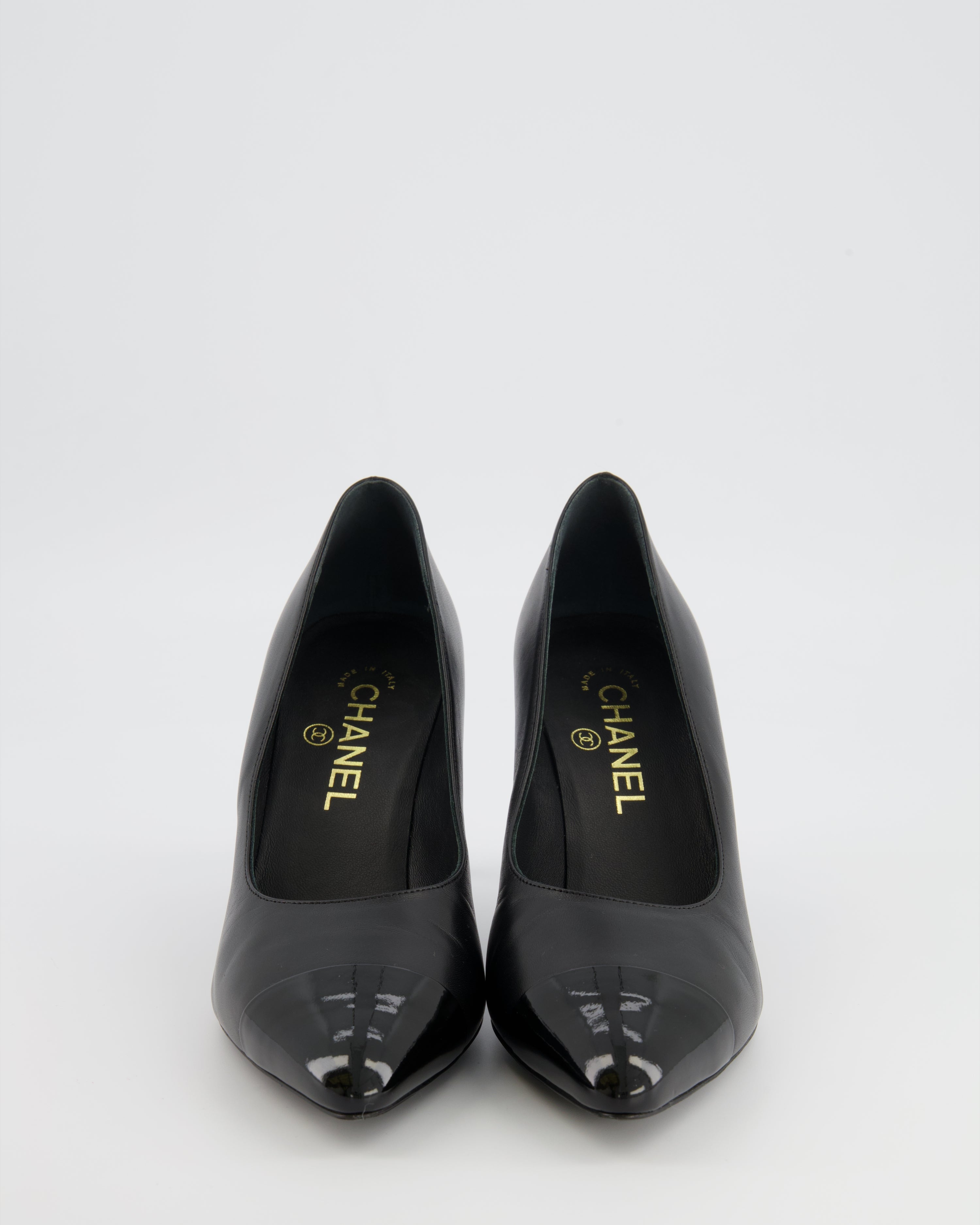 Chanel Black Leather Pumps with Patent Leather Toecap and Pearl Embellished Heel with Champagne Gold CC Logo Detail Size EU 38C