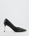 Chanel Black Leather Pumps with Patent Leather Toecap and Pearl Embellished Heel with Champagne Gold CC Logo Detail Size EU 38C