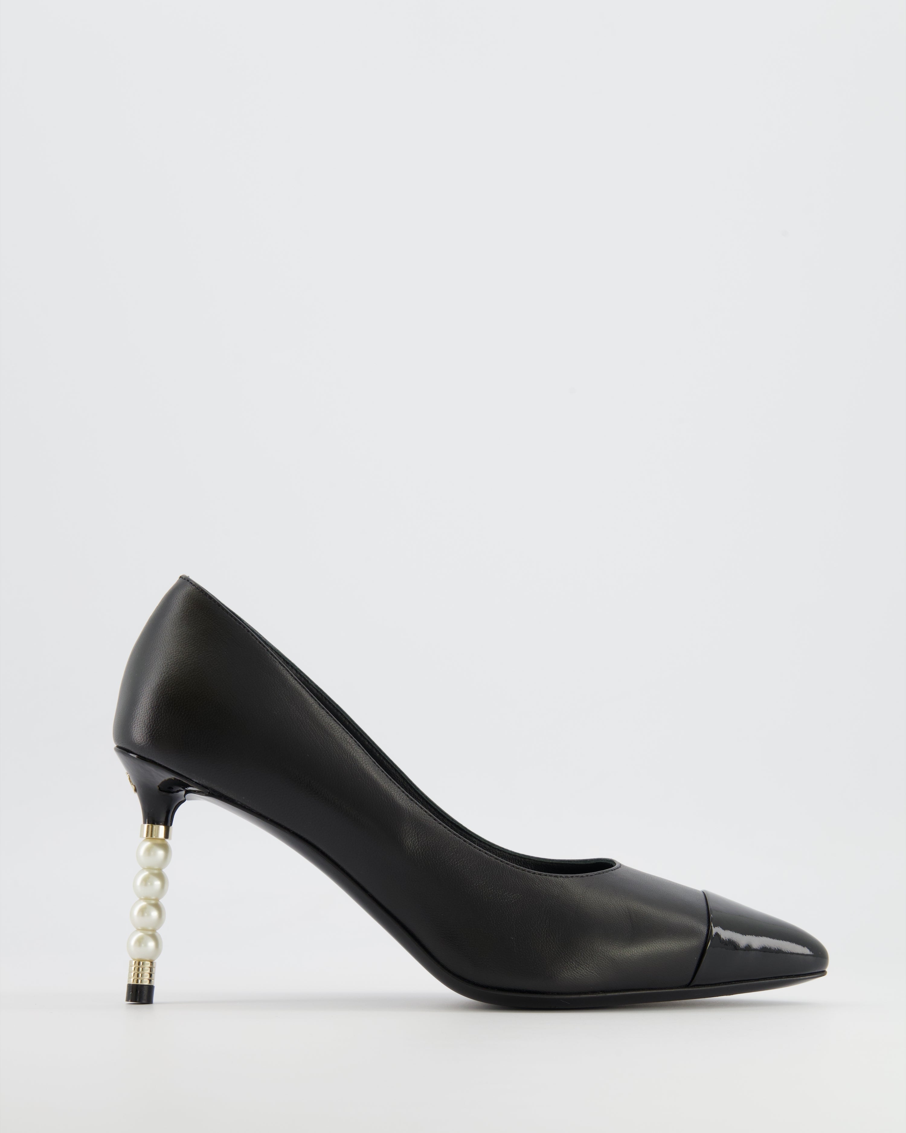 Chanel Black Leather Pumps with Patent Leather Toecap and Pearl Embellished Heel with Champagne Gold CC Logo Detail Size EU 38C