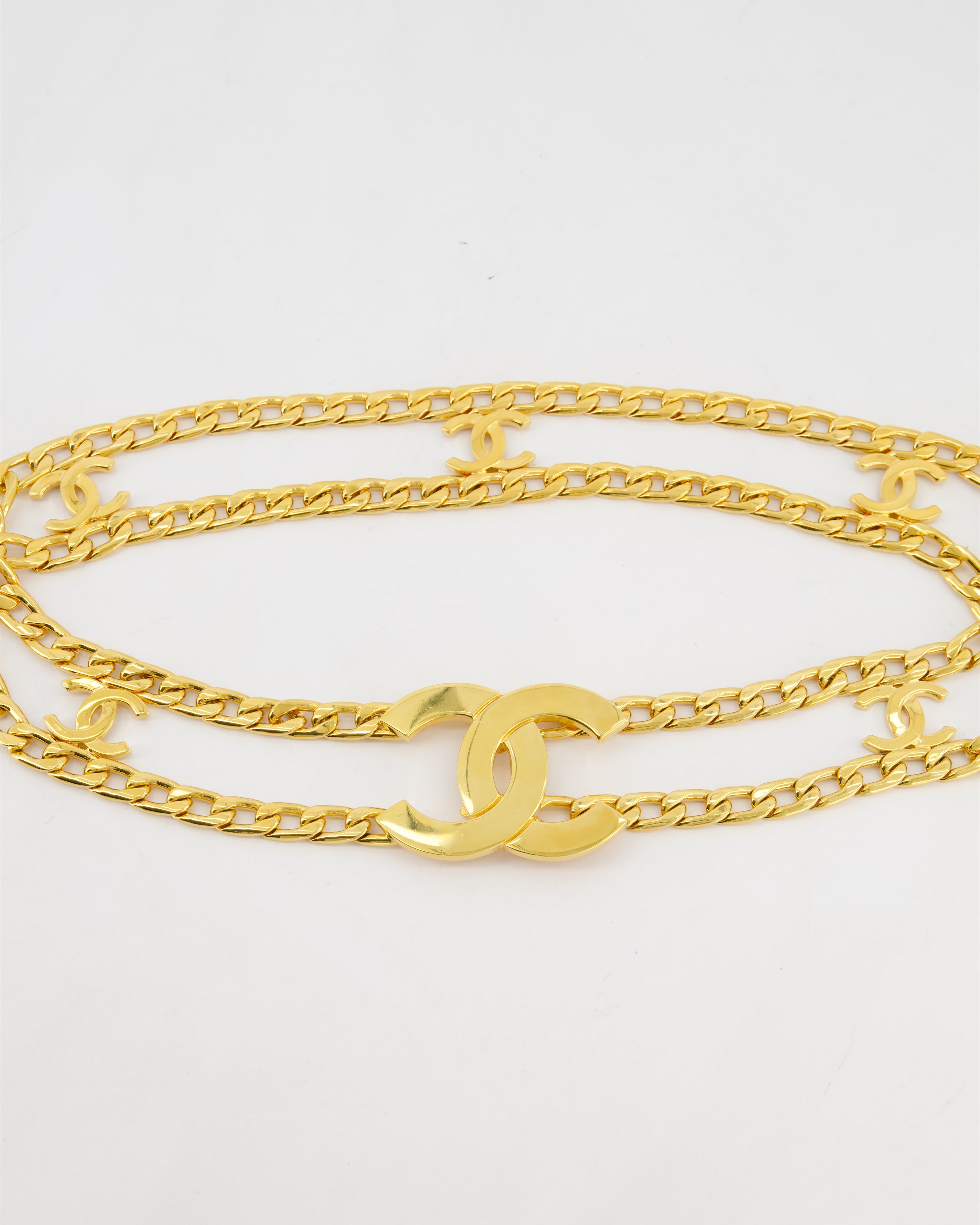 *RARE* Chanel Vintage 1997 24K Gold Logo Chain Belt with Small CC Logos and a Large CC Logo Buckle