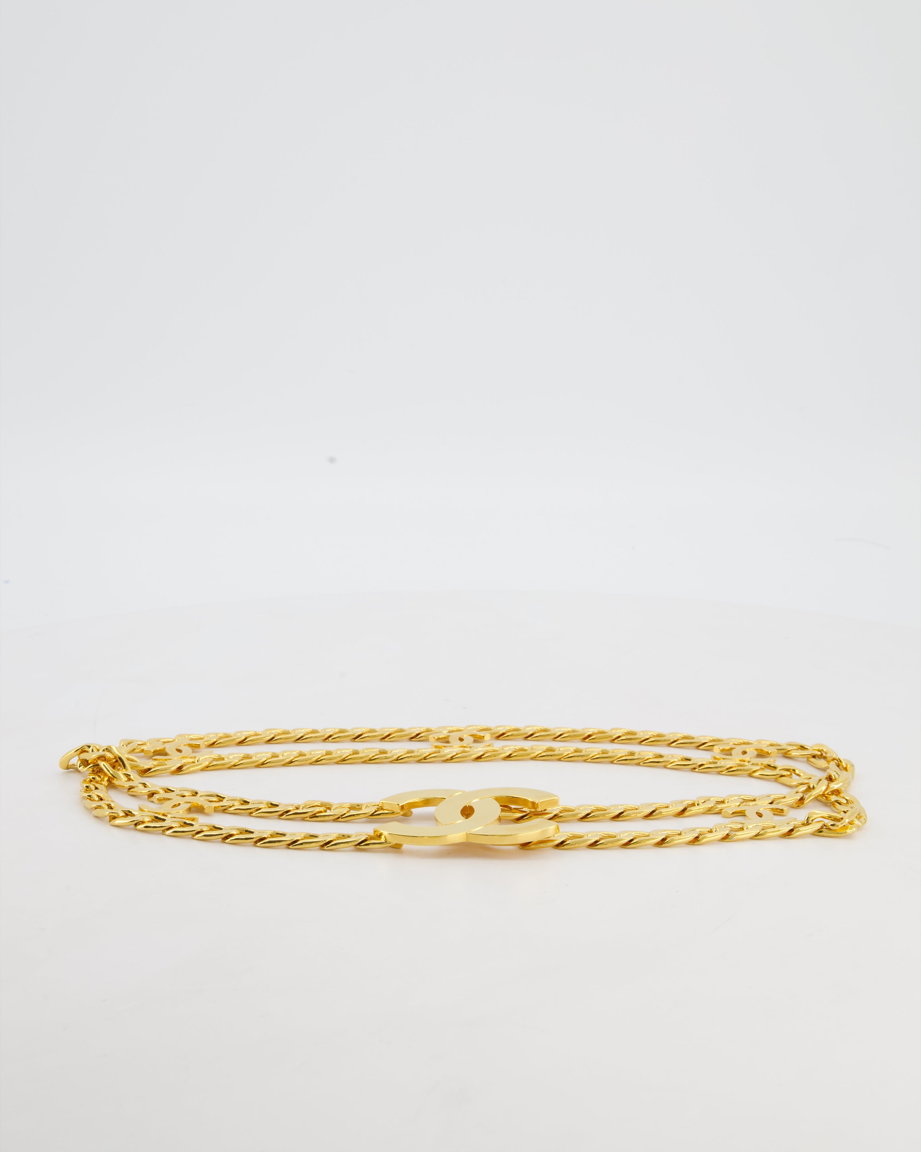 *RARE* Chanel Vintage 1997 24K Gold Logo Chain Belt with Small CC Logos and a Large CC Logo Buckle