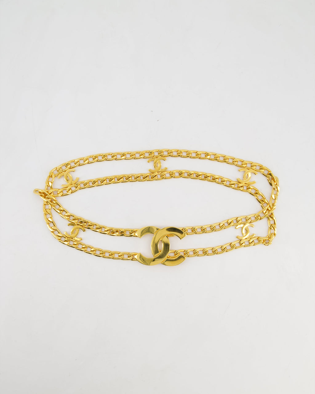 *RARE* Chanel Vintage 1997 24K Gold Logo Chain Belt with Small CC Logos and a Large CC Logo Buckle