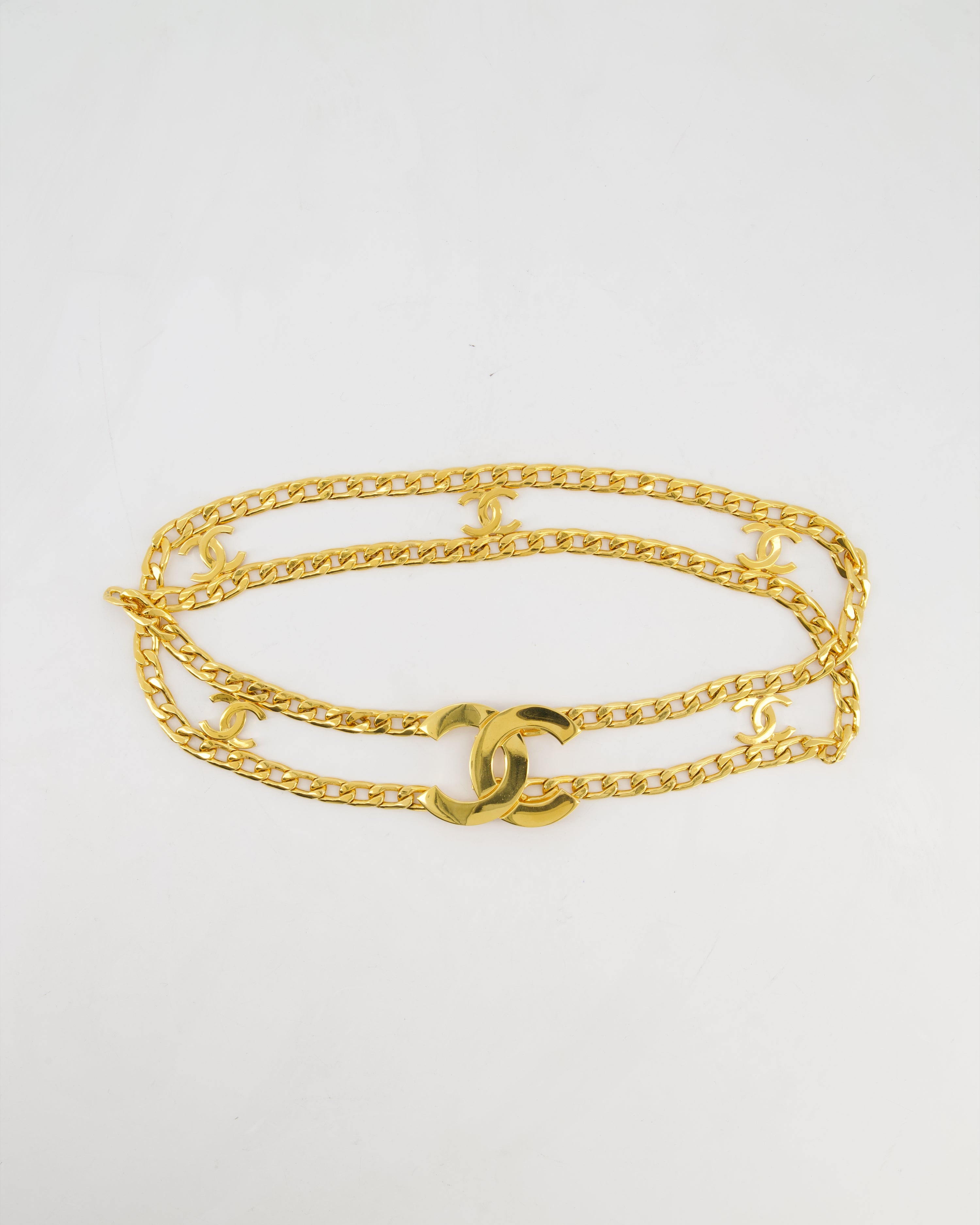 *RARE* Chanel Vintage 1997 24K Gold Logo Chain Belt with Small CC Logos and a Large CC Logo Buckle