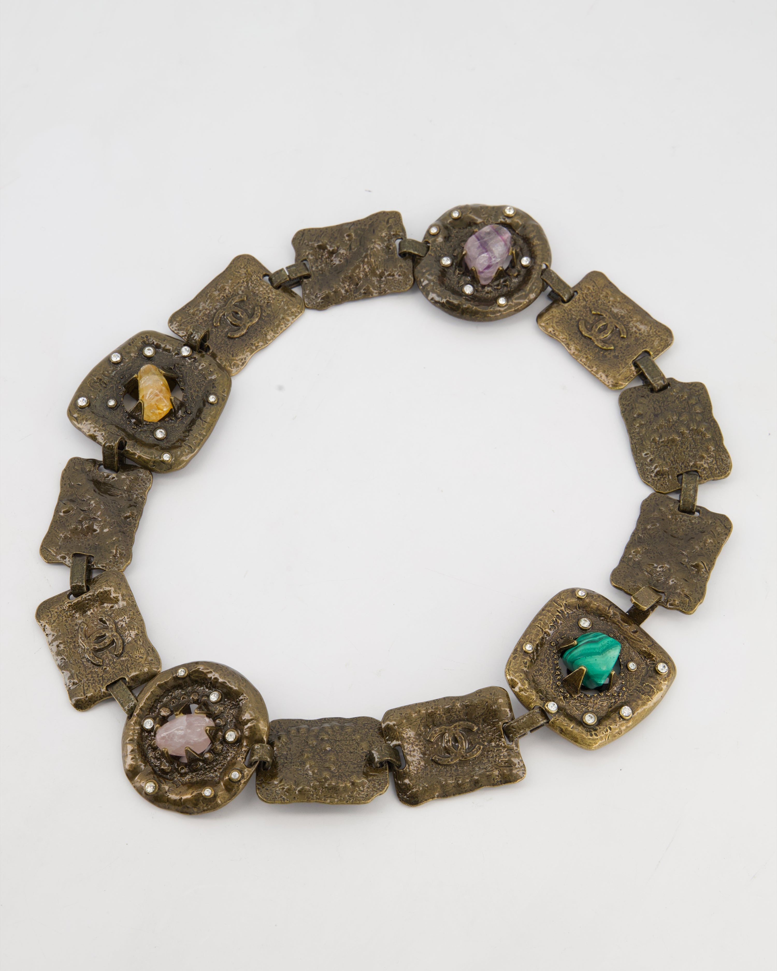 *RUNWAY* Chanel A/W 1997 Vintage Gun-Metal Brutalist Belt with Amethyst Stones, CC Logo Stamps and Small Rhinestones