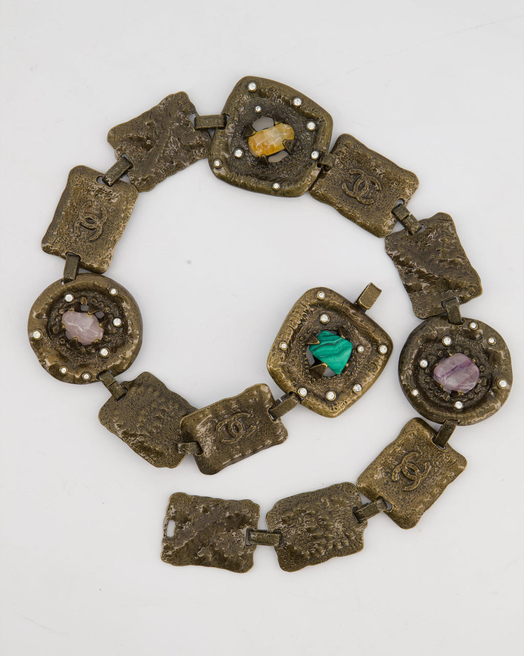 *RUNWAY* Chanel A/W 1997 Vintage Gun-Metal Brutalist Belt with Amethyst Stones, CC Logo Stamps and Small Rhinestones