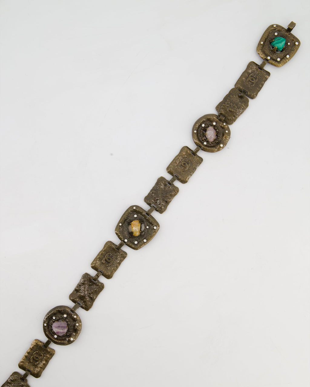 *RUNWAY* Chanel A/W 1997 Vintage Gun-Metal Brutalist Belt with Amethyst Stones, CC Logo Stamps and Small Rhinestones