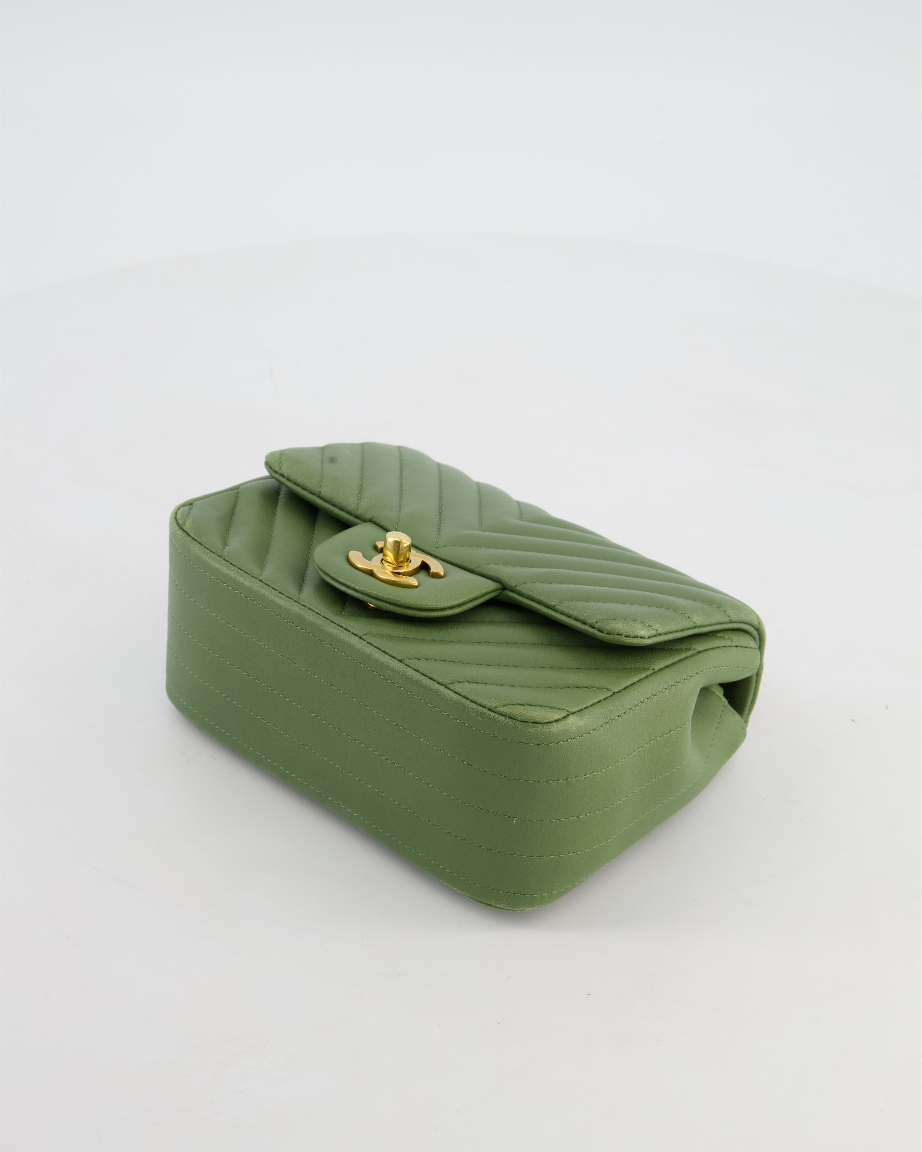 Chanel Olive Green Chevron Lambskin Leather Mini Square Classic Flap Bag with Gold Hardware