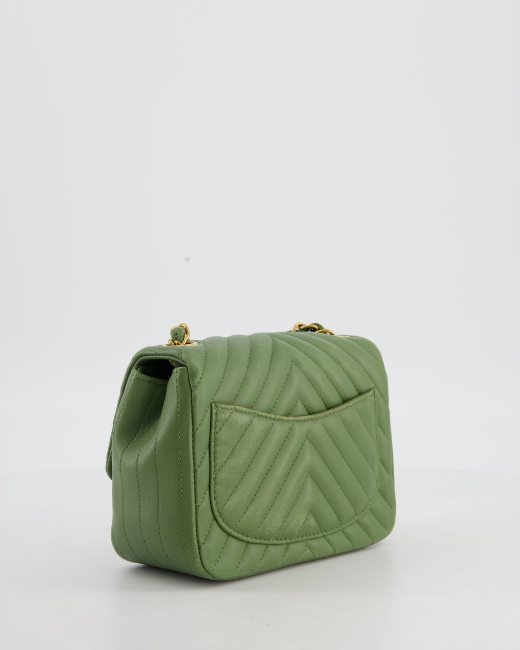 Chanel Olive Green Chevron Lambskin Leather Mini Square Classic Flap Bag with Gold Hardware