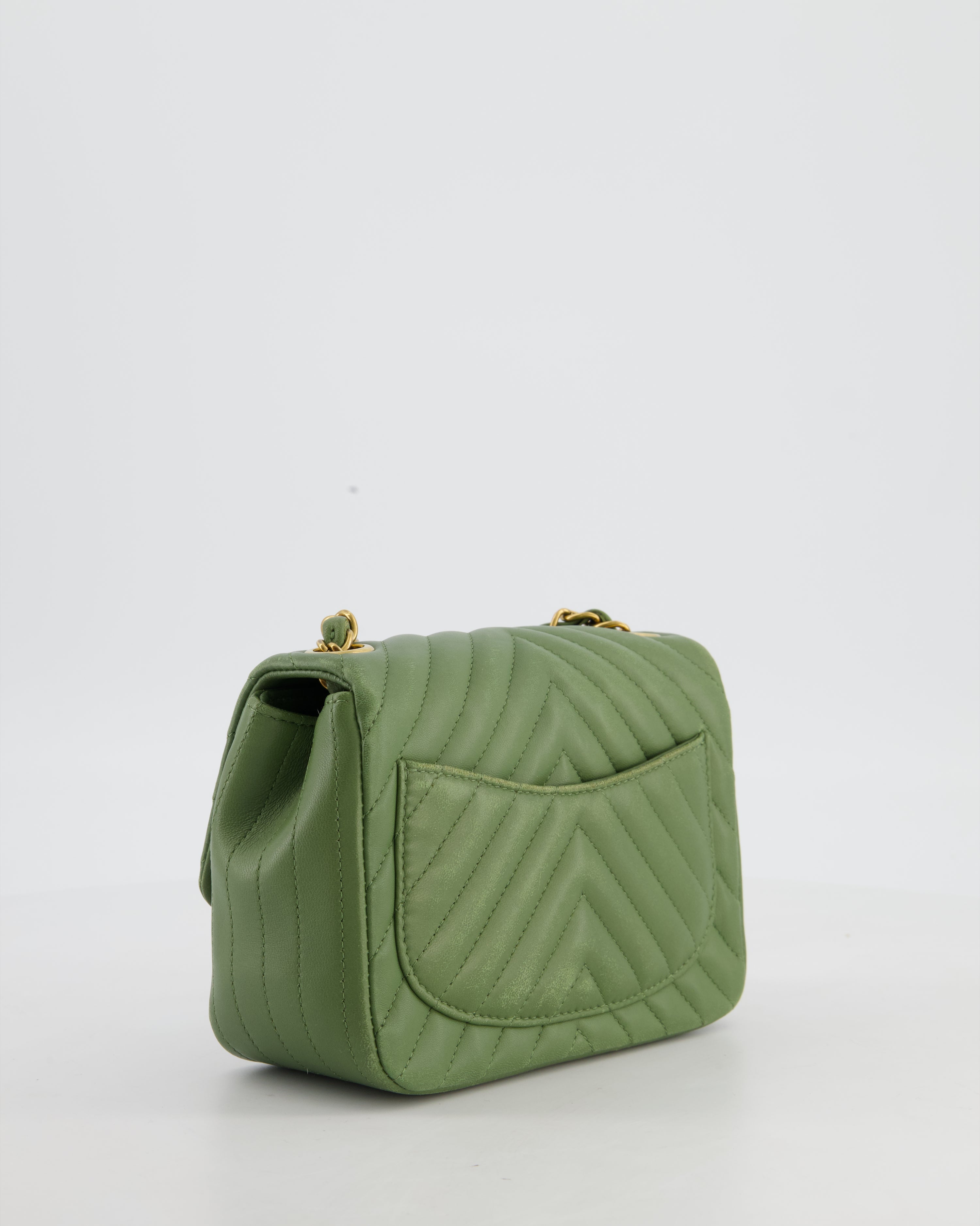 Chanel Olive Green Chevron Lambskin Leather Mini Square Classic Flap Bag with Gold Hardware